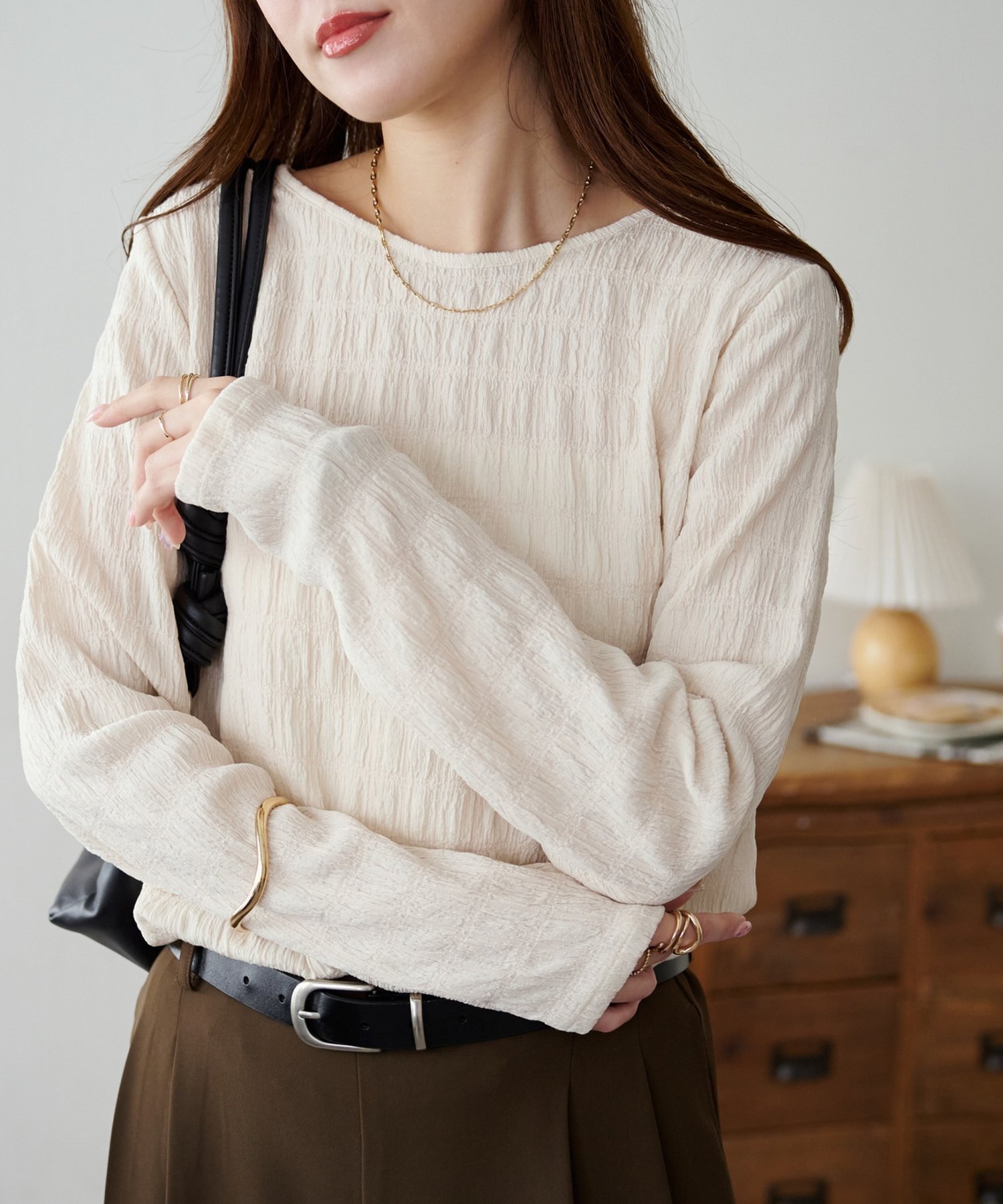 Discoat 生地シャーリングロングスリーブ ディスコート トップス カットソー・Tシャツ ブラウン ブラック ホワイト【送料無料】のサムネイル