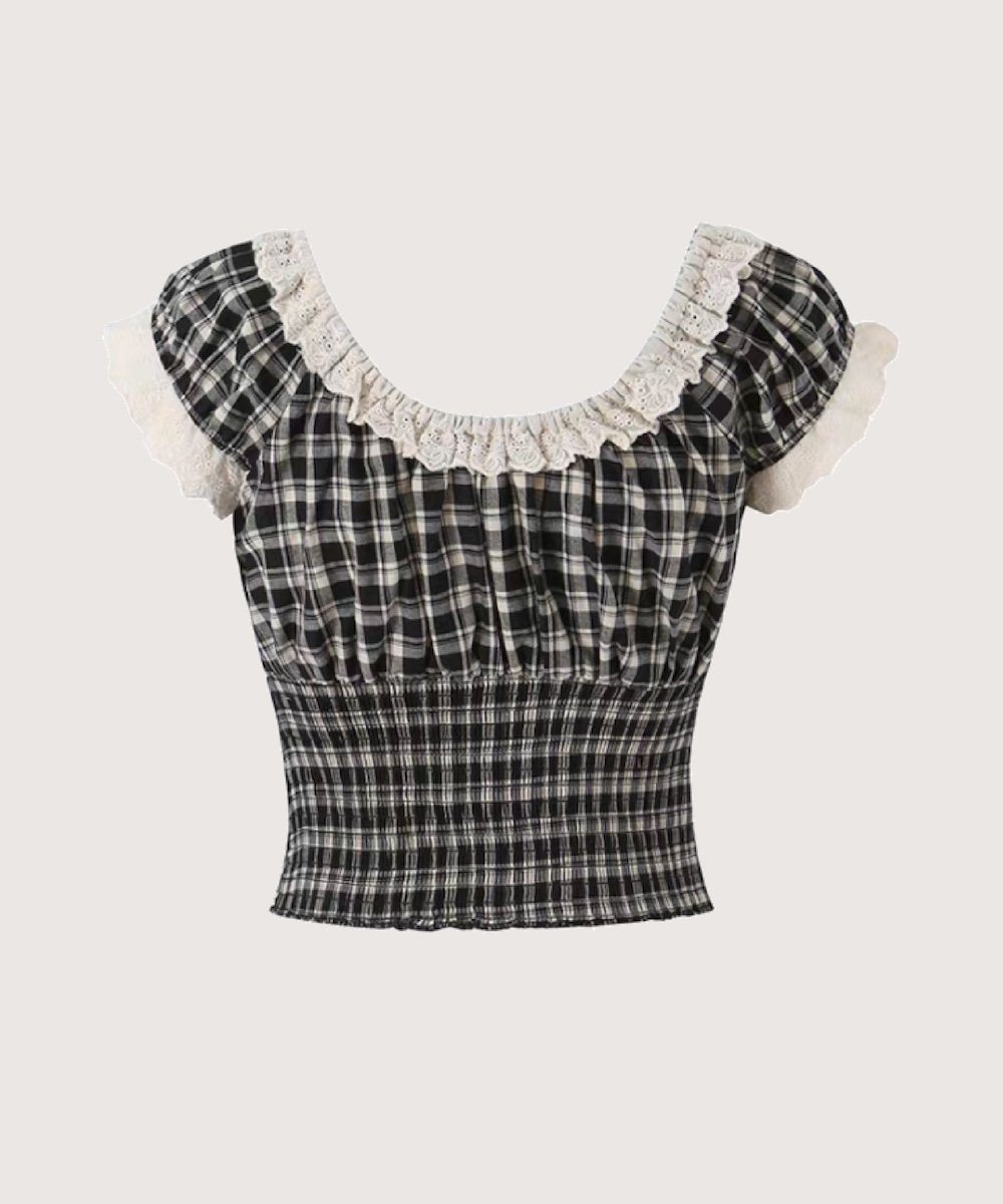 LA POMME petit Lace Trim Plaid Bow Top/レーストリムチェック柄リボントップス ラポミ・プチ トップス カットソー・Tシャツ