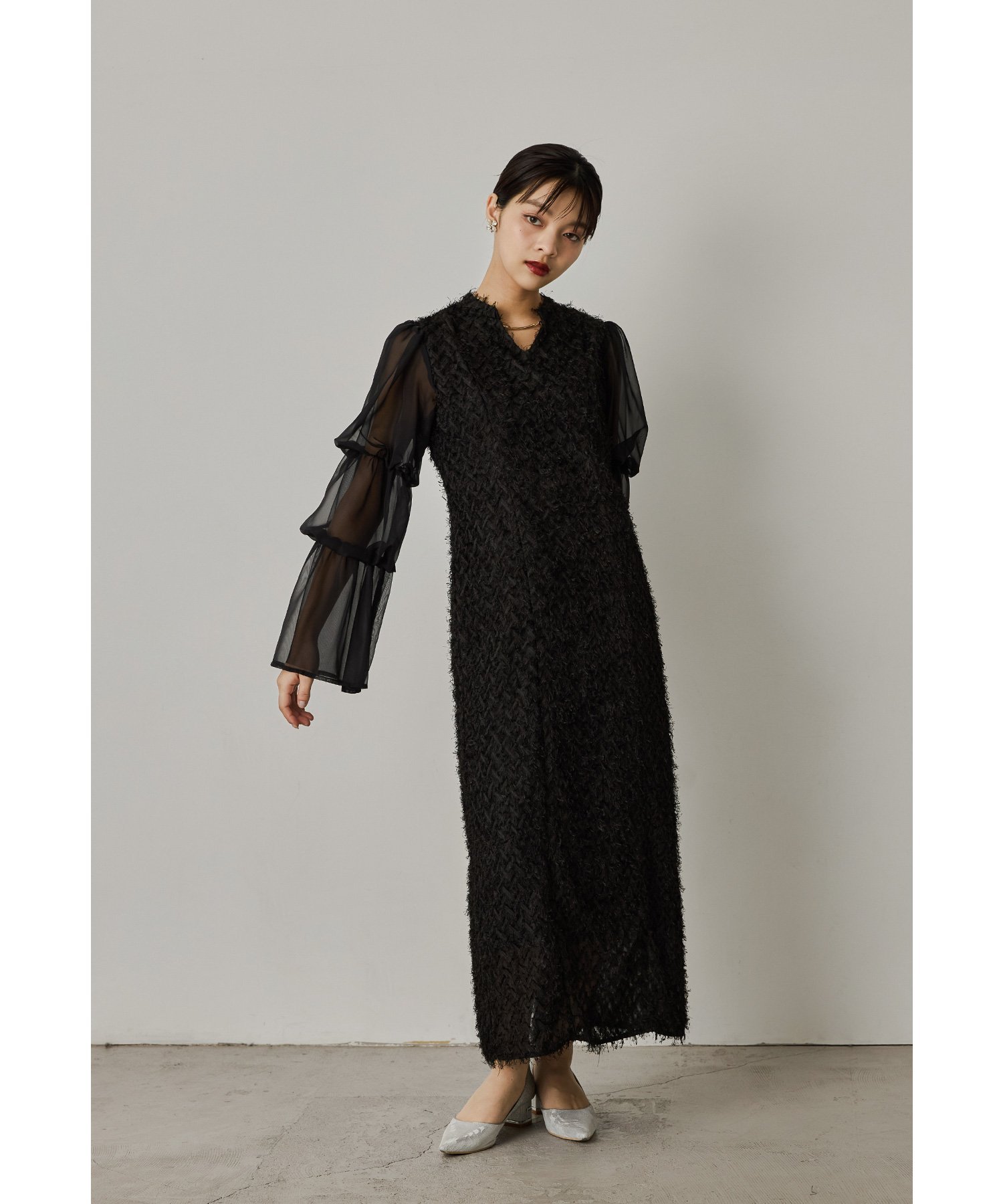 niana デザインスリーブシャギードレス 結婚式 二次会 成人式 同窓会 パーティードレス ビーフラット ワンピース・ドレス ドレス ブラック ベージュ グレー【送料無料】