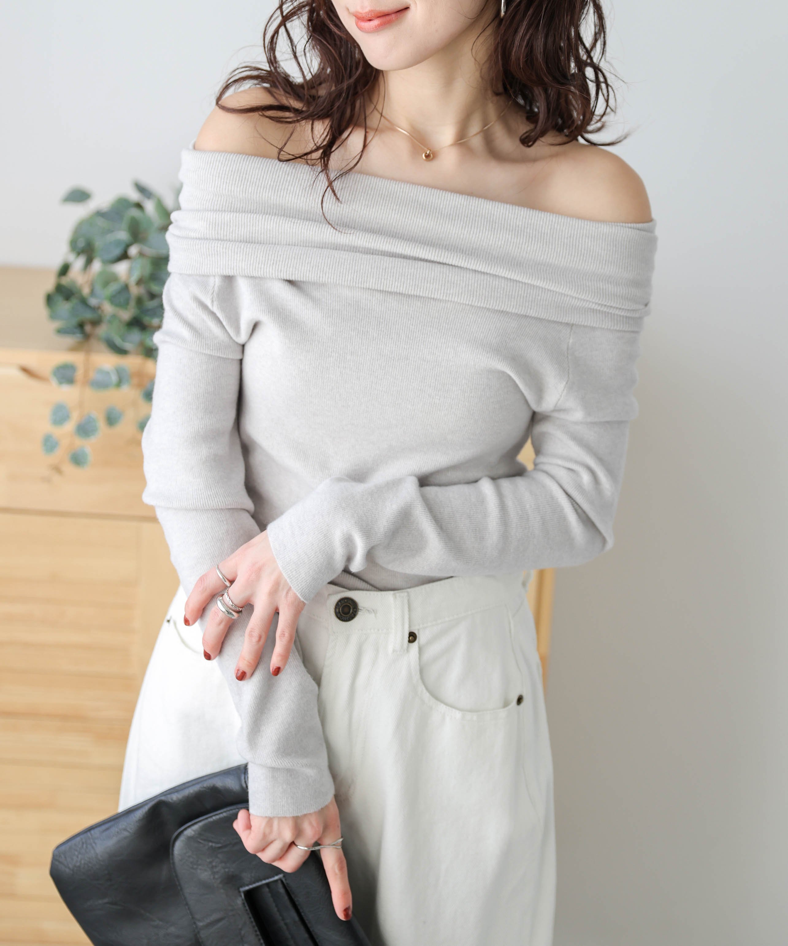 La-gemme オフショルリブニットトップス ラジュール トップス ニット グレー ブラック ホワイト