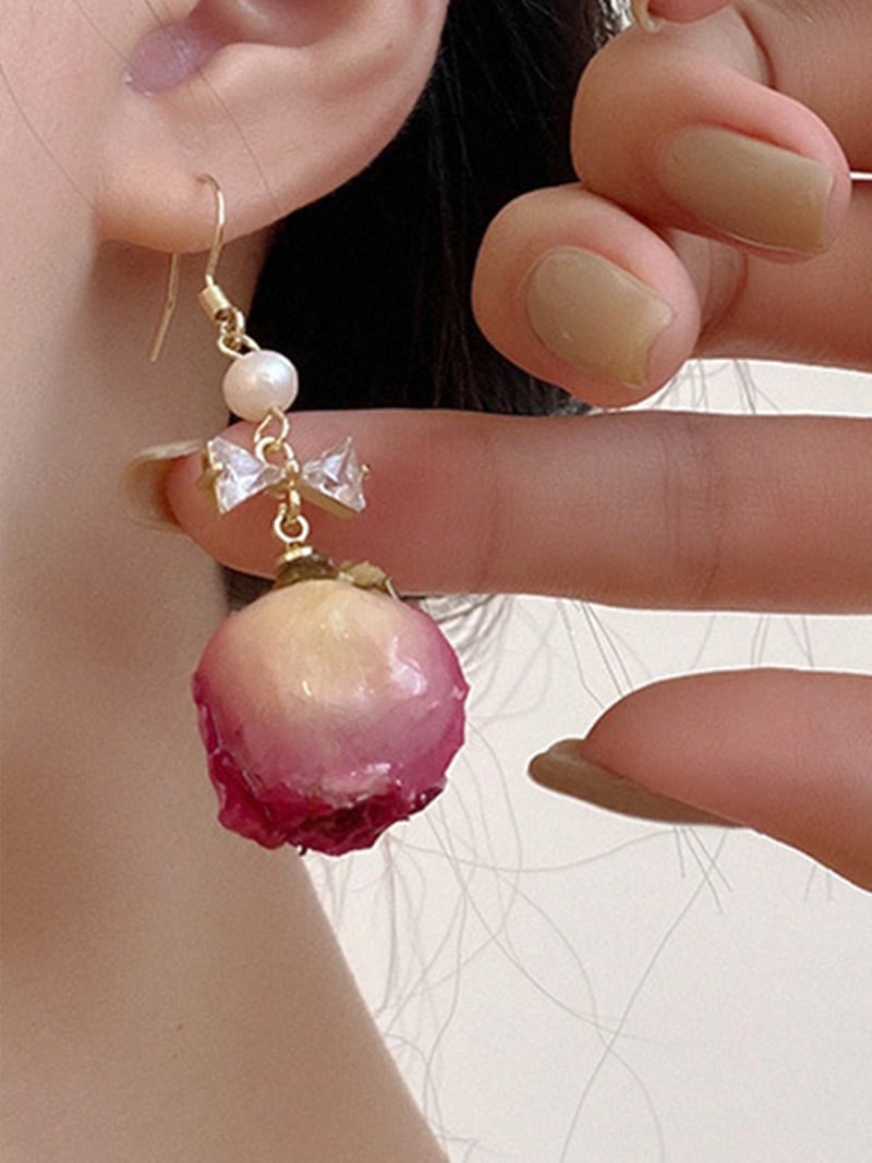 Coo+i/(W)リアルローズドライフラワー風リボンピアス スレンダー アクセサリー・腕時計 ピアス ピンク