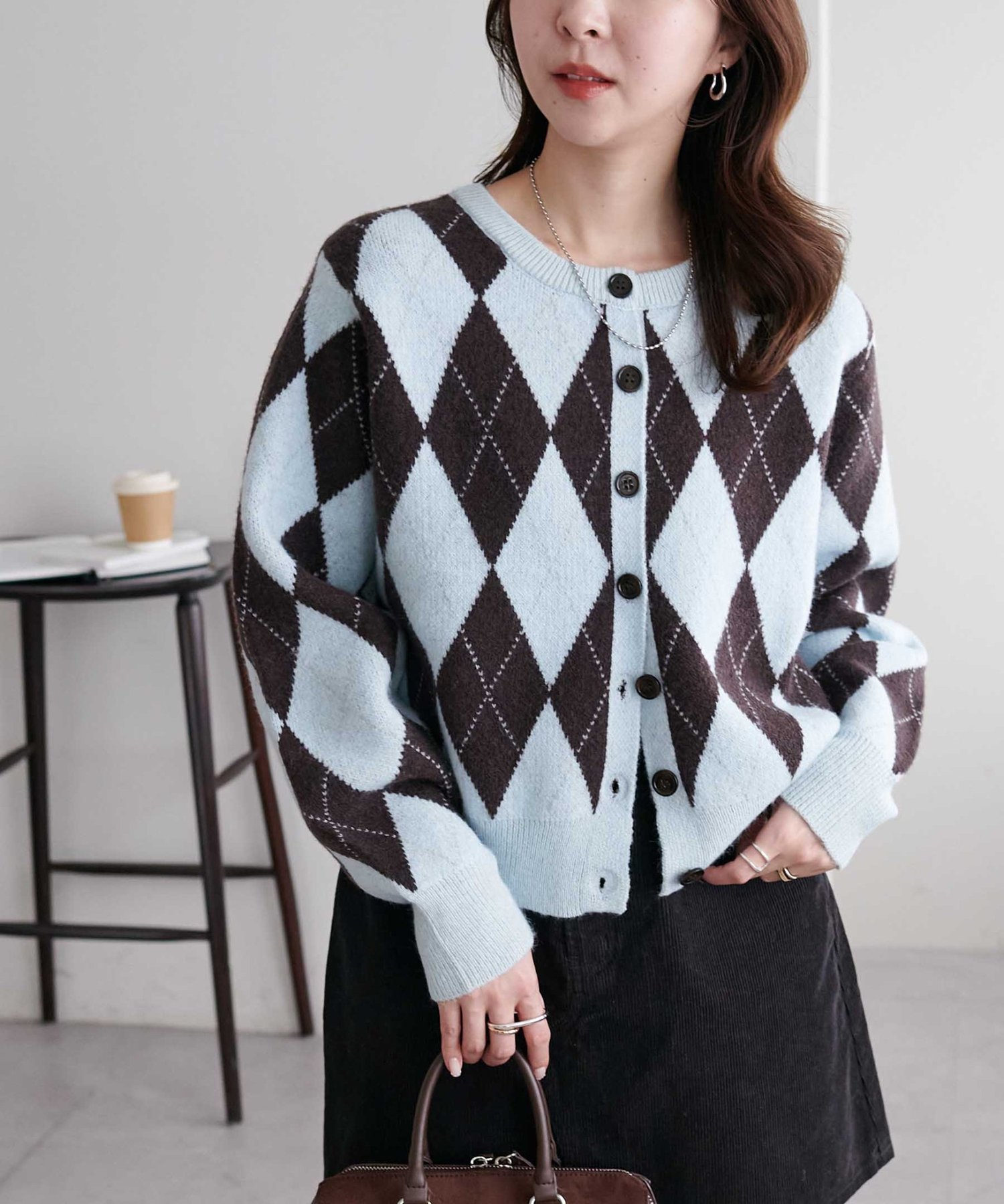 Discoat 【もちもち素材/着映えアイテム】アーガイル柄クルーカーディガン ディスコート トップス カーディガン ブルー ネイビー グレー【送料無料】