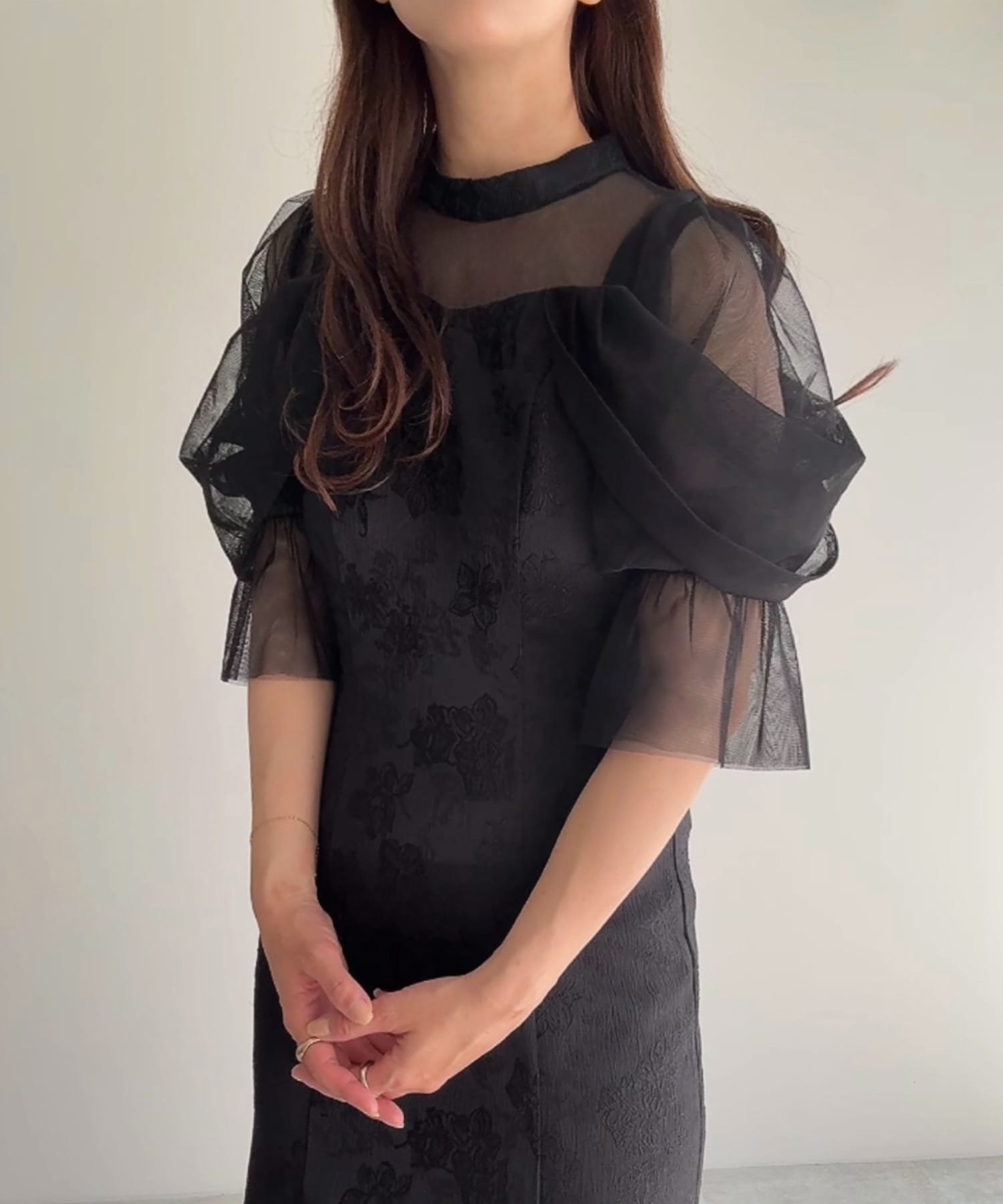 JUNOAH ドレープスリーブジャガードマーメイドワンピース ジュノア ワンピース・ドレス ワンピース ブラック ベージュ