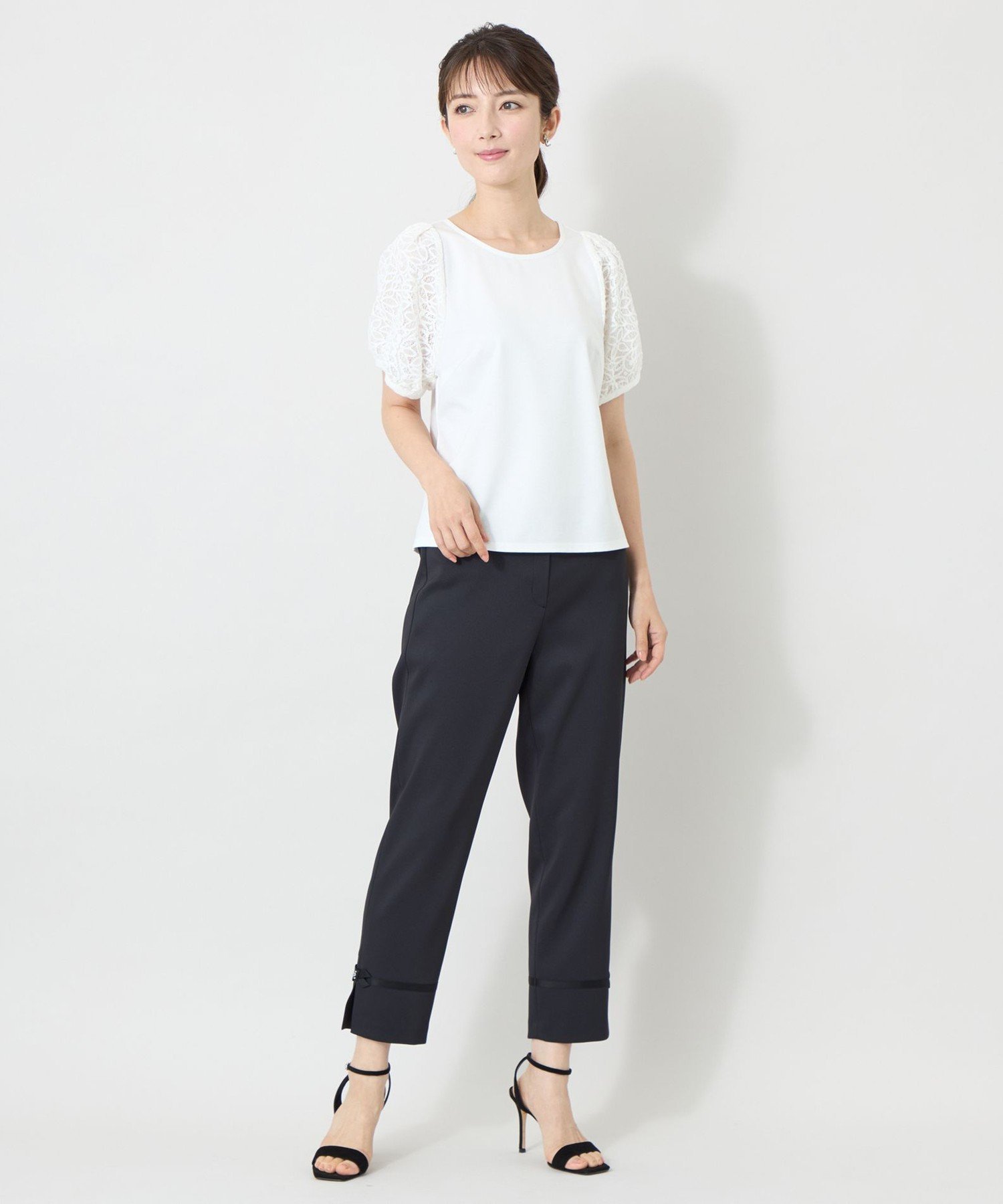 TO BE CHIC 【L】ラッセルレースコンビ カットソー サンヨー エルサイズ トップス カットソー・Tシャツ ホワイト ブラック