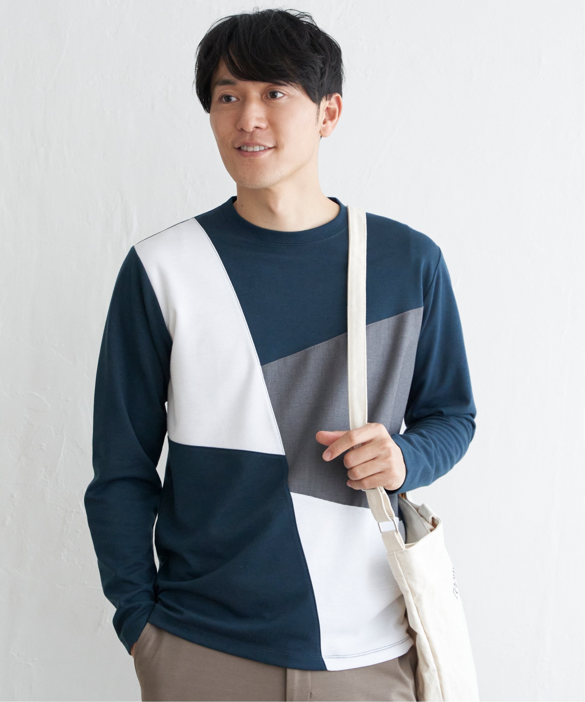 ikka ブロックスポンチロンT イッカ トップス カットソー・Tシャツ ホワイト ブルー グリーン ネイビー