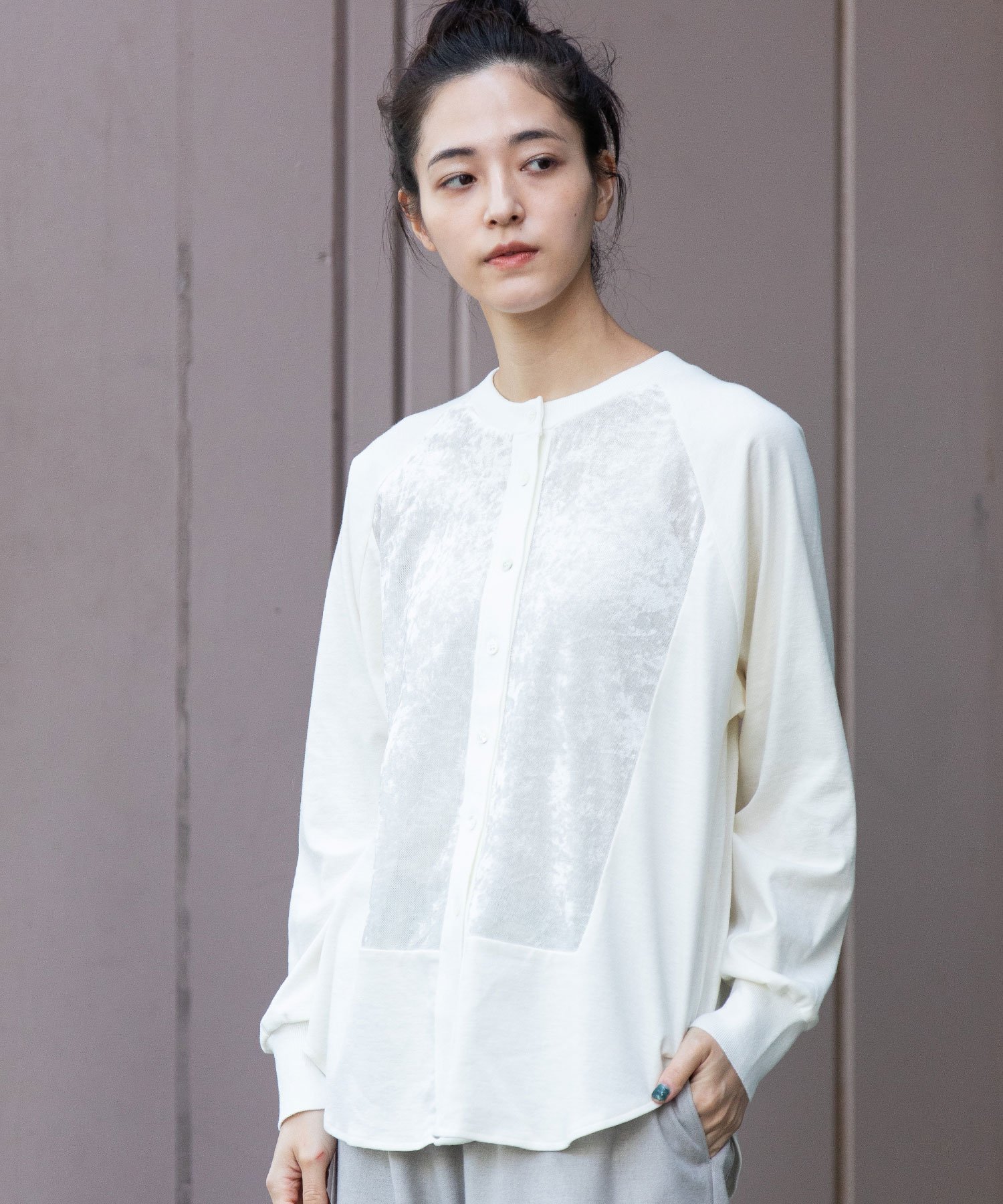 【SALE／43%OFF】Munich ウールミックスジャージ*メッシュベロアドッキングプルオーバー ミューニック トップス シャツ・ブラウス ブラック ホワイト ブルー【送料無料】