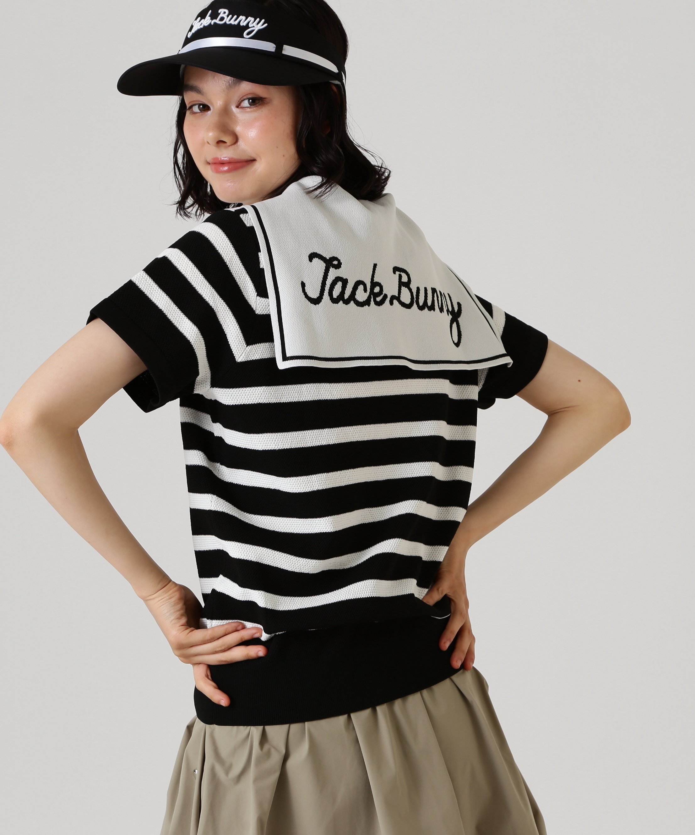 【SALE／30%OFF】Jack Bunny!! 14G3PLYカノコ編みセーラー衿半袖ニット ジャックバニー トップス ニット ネイビー グリーン【送料無料】