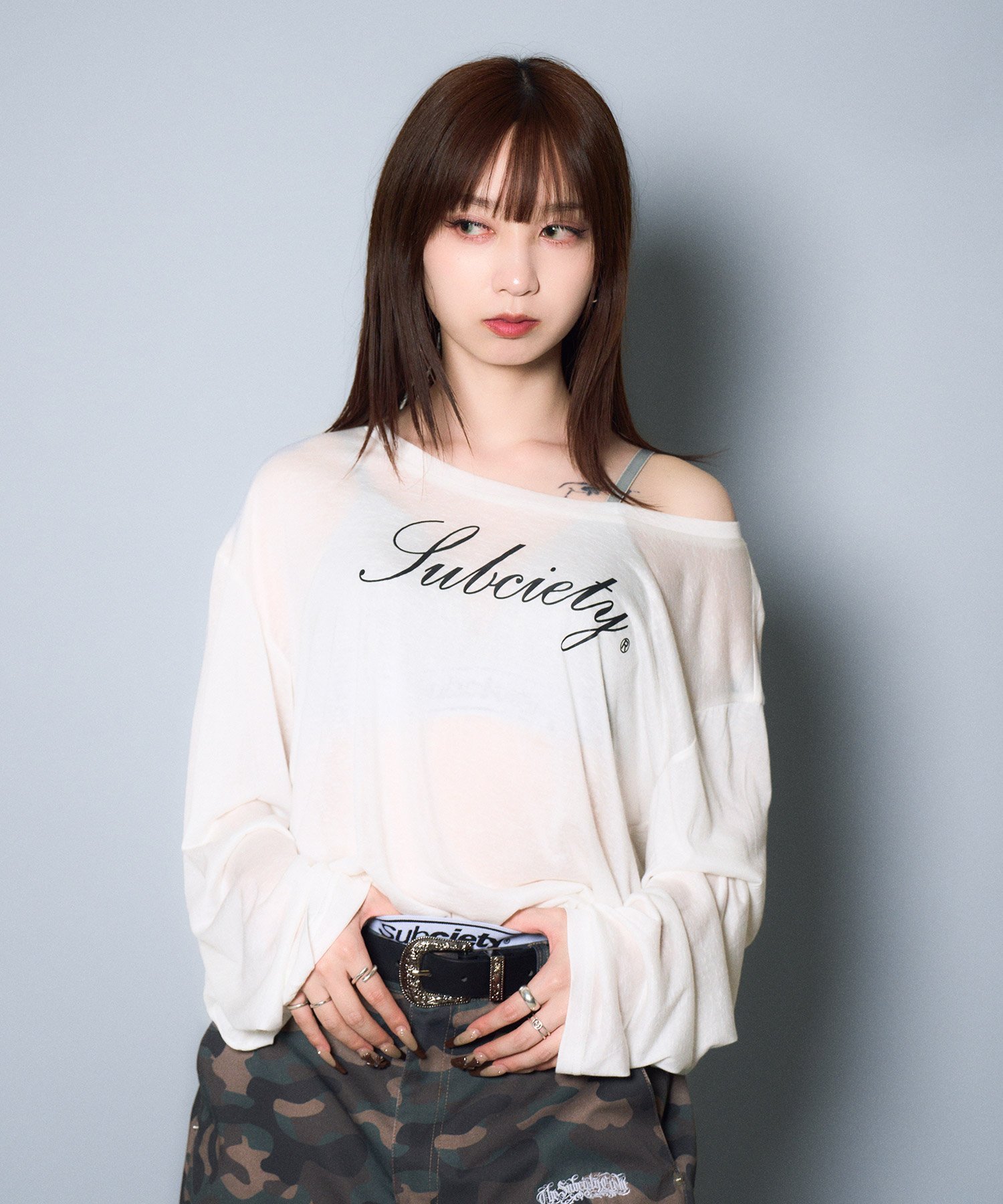 Subciety WOMENS Off-shoulder sheer top サブサエティ トップス カットソー・Tシャツ ホワイト ブラック
