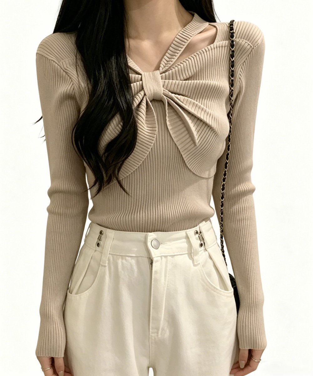 miniministore フロントリボンリブニットトップス大人秋服 ミニミニストア トップス ニット ベージュ ホワイト グレー ブラウン ブラック