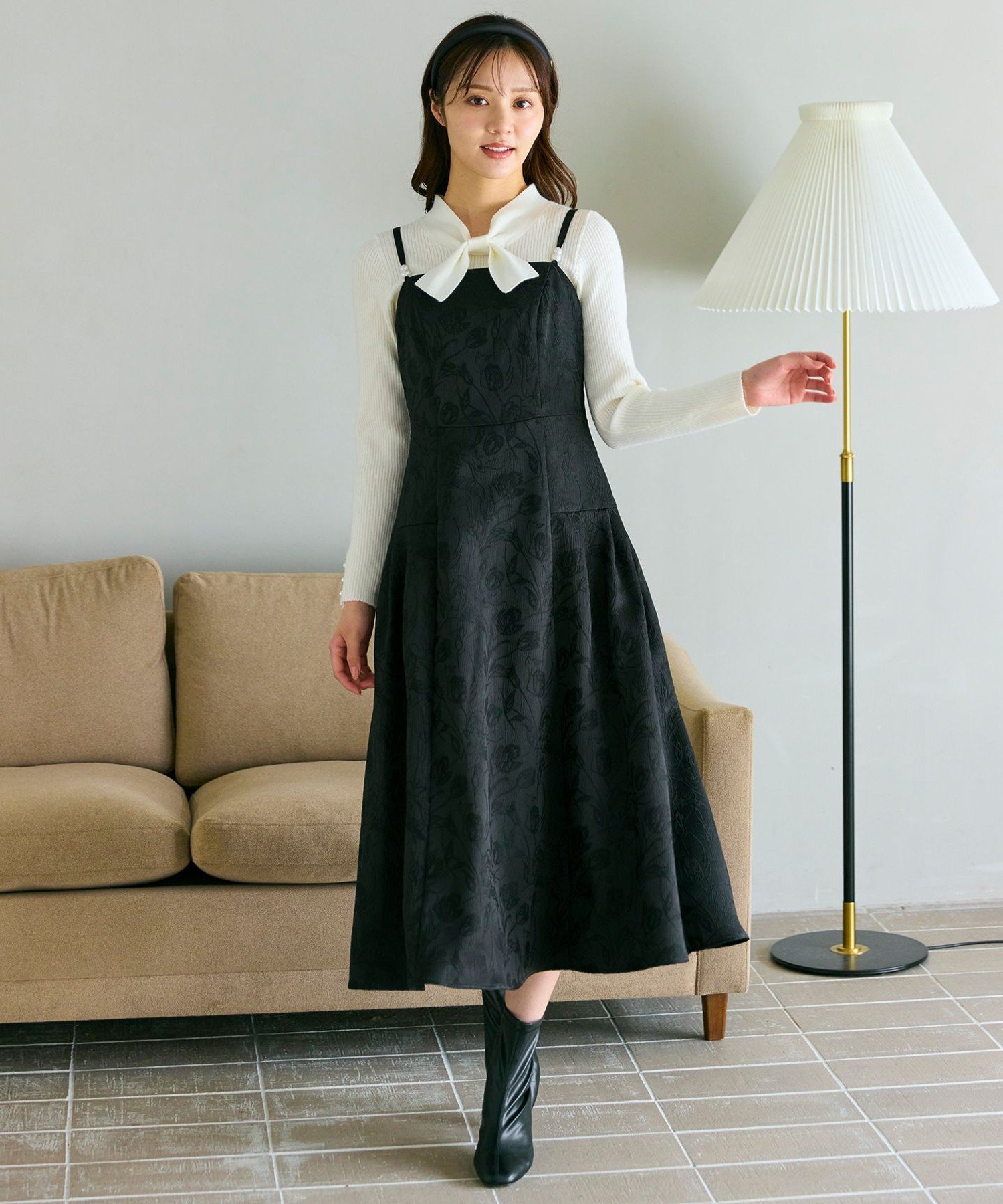 【SALE／20%OFF】Feroux ジャガードキャミ ワンピース フェルゥ ワンピース・ドレス ドレス ブラック ホワイト【送料無料】