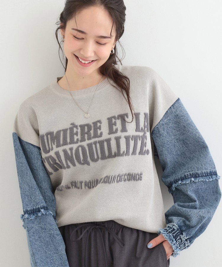 【SALE／30%OFF】SHOO・LA・RUE デニム袖切替ロゴニット シューラルー トップス ニット ブルー グレー