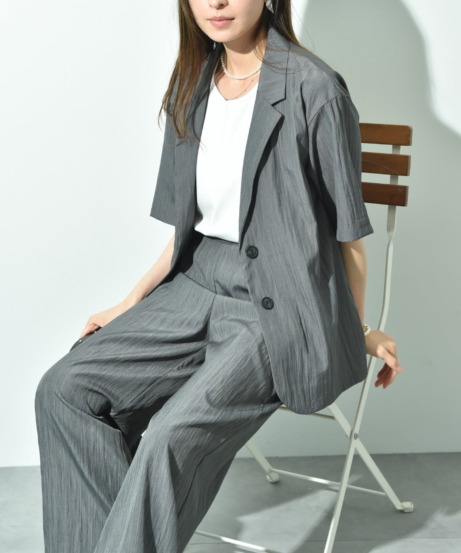 【SALE/55% OFF】INTERPLANET Linen-like Slub Tailored Jacket + Pants Set Interplanet Suit/Formal Suit Set Black Beige Gray 【Free Shipping】