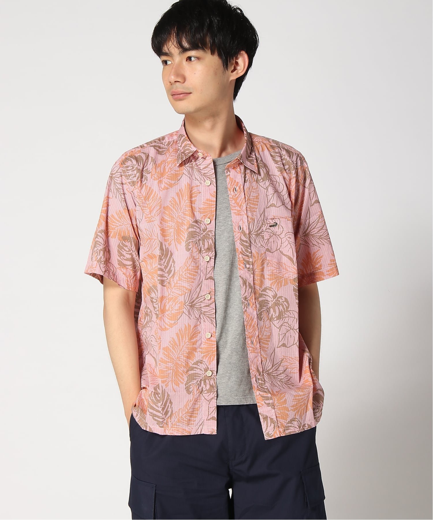 CROCODILE/(M)マイクロチェック リーフプリント シャツ クロコダイル トップス シャツ・ブラウス レッド グレー ネイビー