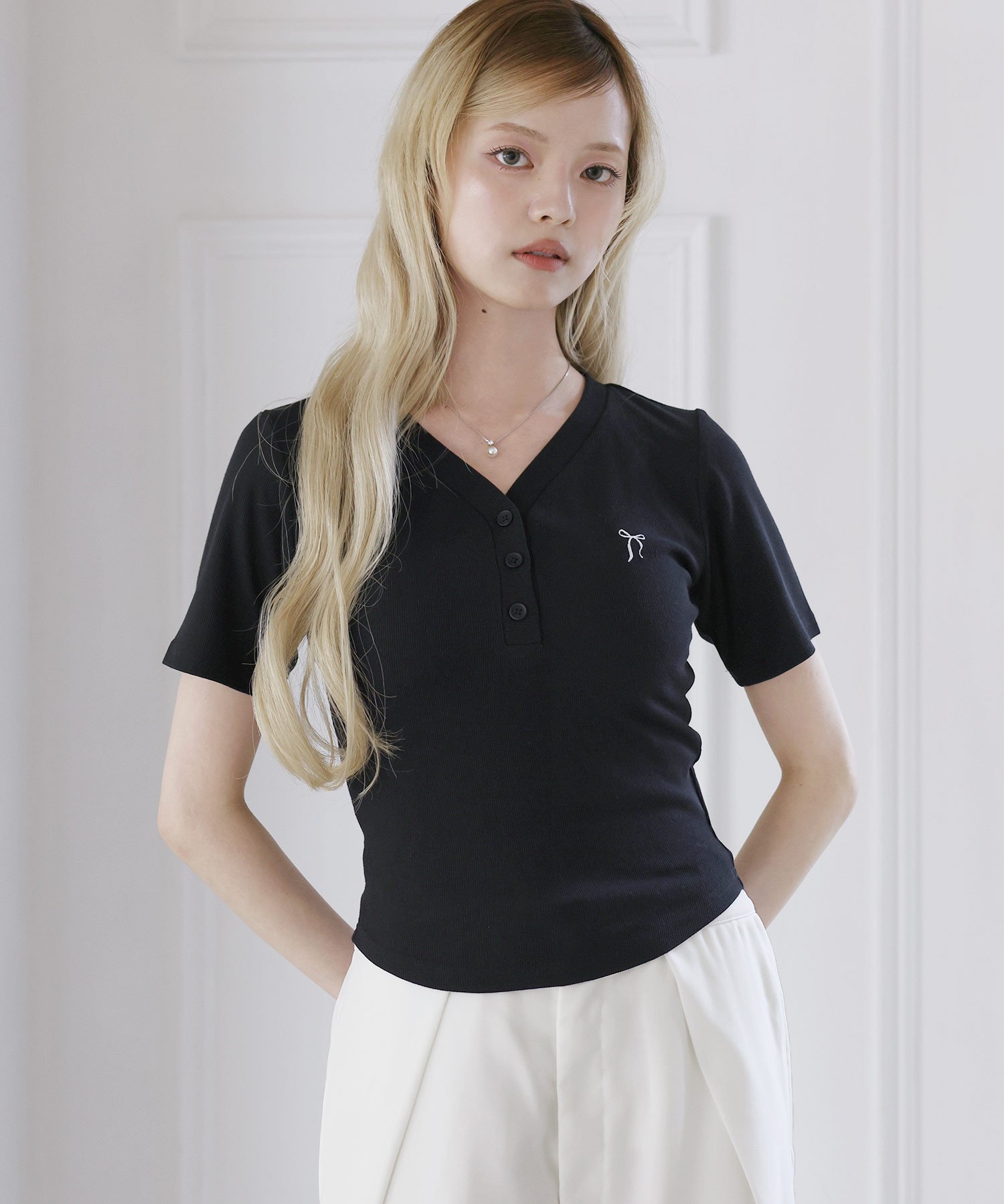 MSG リボン刺繍リブヘンリーネック半袖Tシャツ カジュアル トップス シャツ・ブラウス ホワイト ブラック