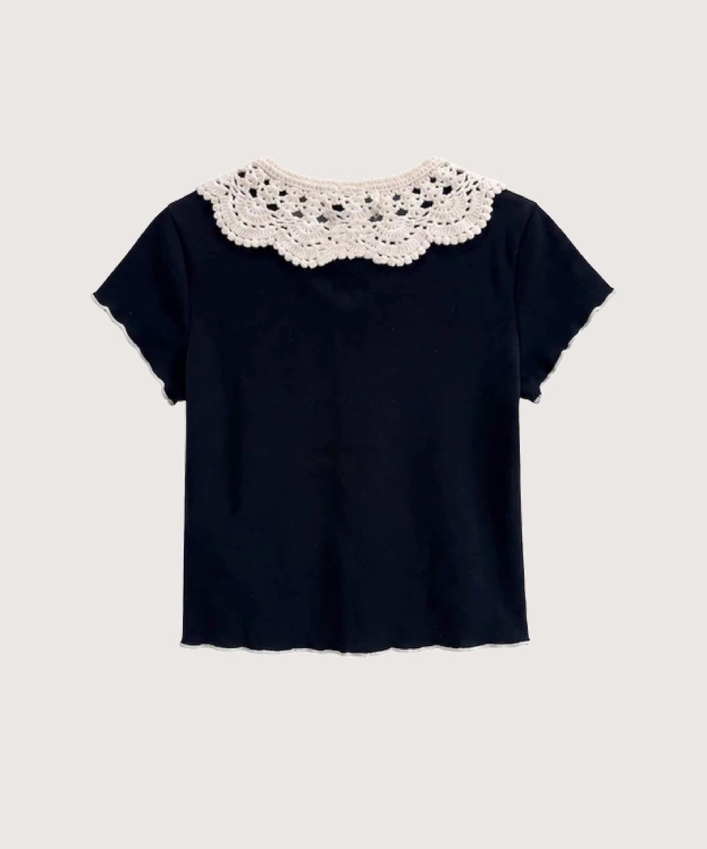 LA POMME petit Crochet Lace Collar Top/編みレース襟トップス ラポミ・プチ トップス カットソー・Tシャツ ブラック