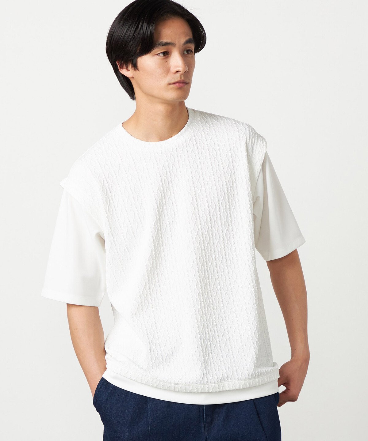 ケーブルレイヤードTシャツ コムサイズム トップス カットソー・Tシャツ グレー グリーン ネイビー ホワイト