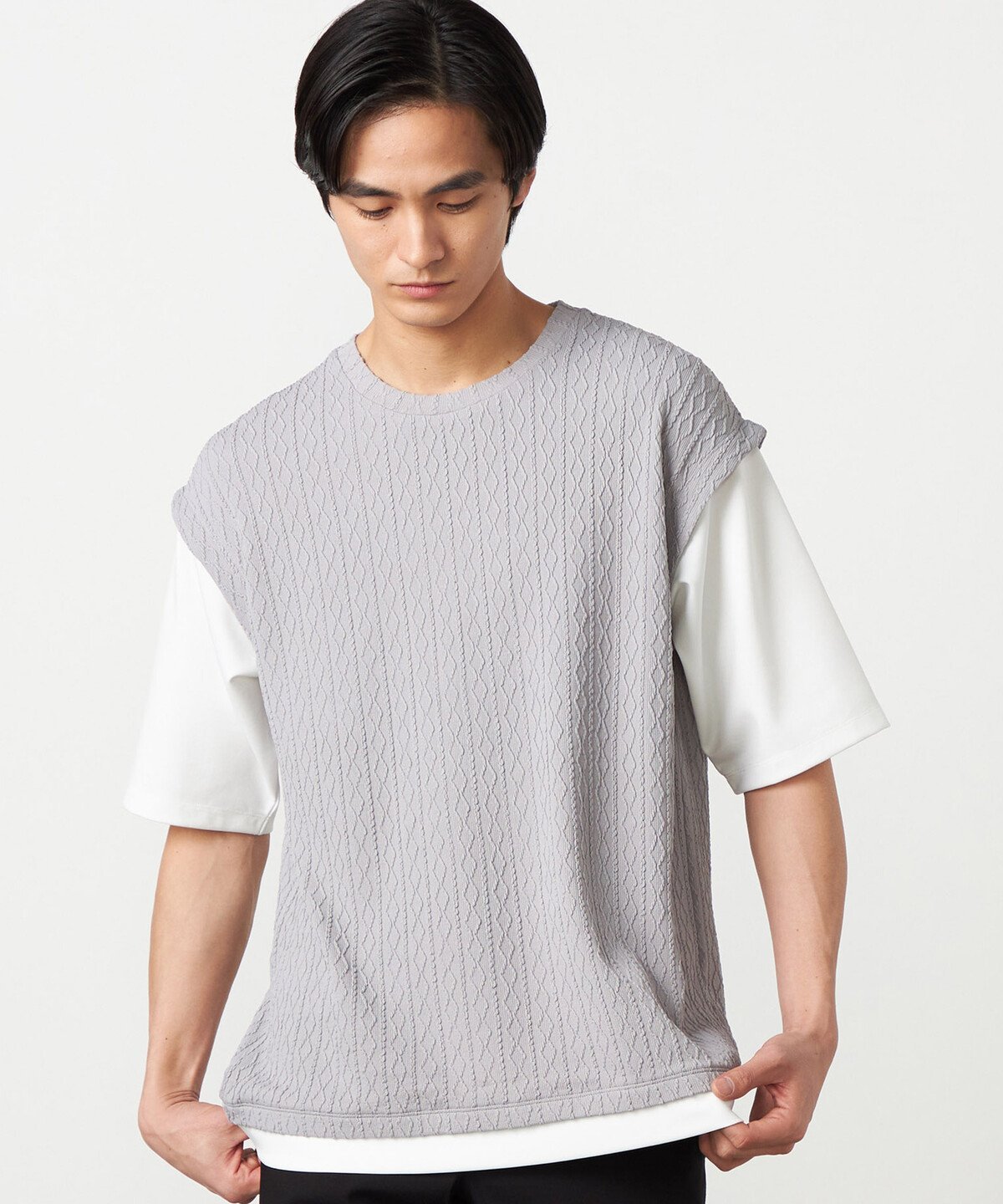 ケーブルレイヤードTシャツ コムサイズム トップス カットソー・Tシャツ グレー グリーン ネイビー ホワイト