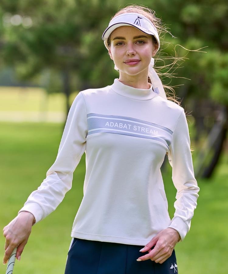【UVカット】フロントロゴモックネックT アダバット トップス カットソー・Tシャツ ホワイト ブラック