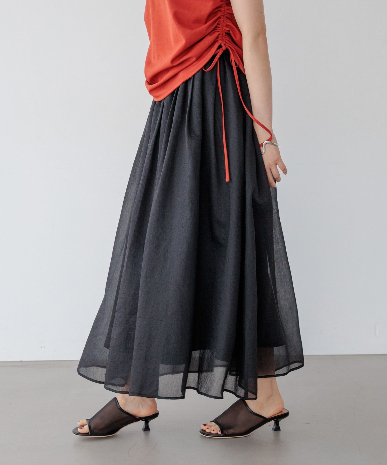 【SALE／50%OFF】BAYFLOW [抜け感をプラス]シアーフレアスカート ベイフロー スカート ロング・マキシスカート ワインレッド ホワイト ブラック