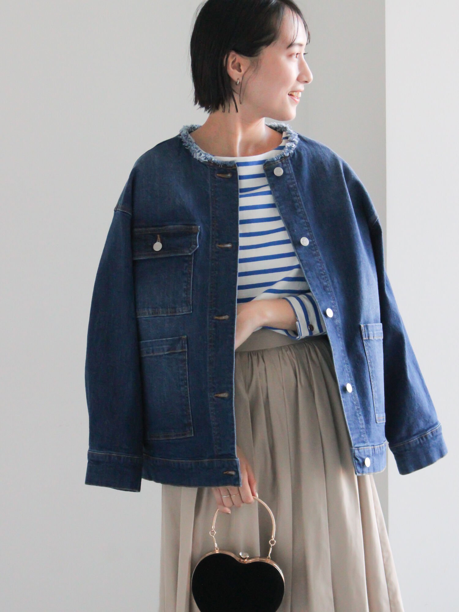 Te chichi ノーカラーデニムジャケット テチチ ジャケット・アウター ノーカラージャケット ブルー ネイビー