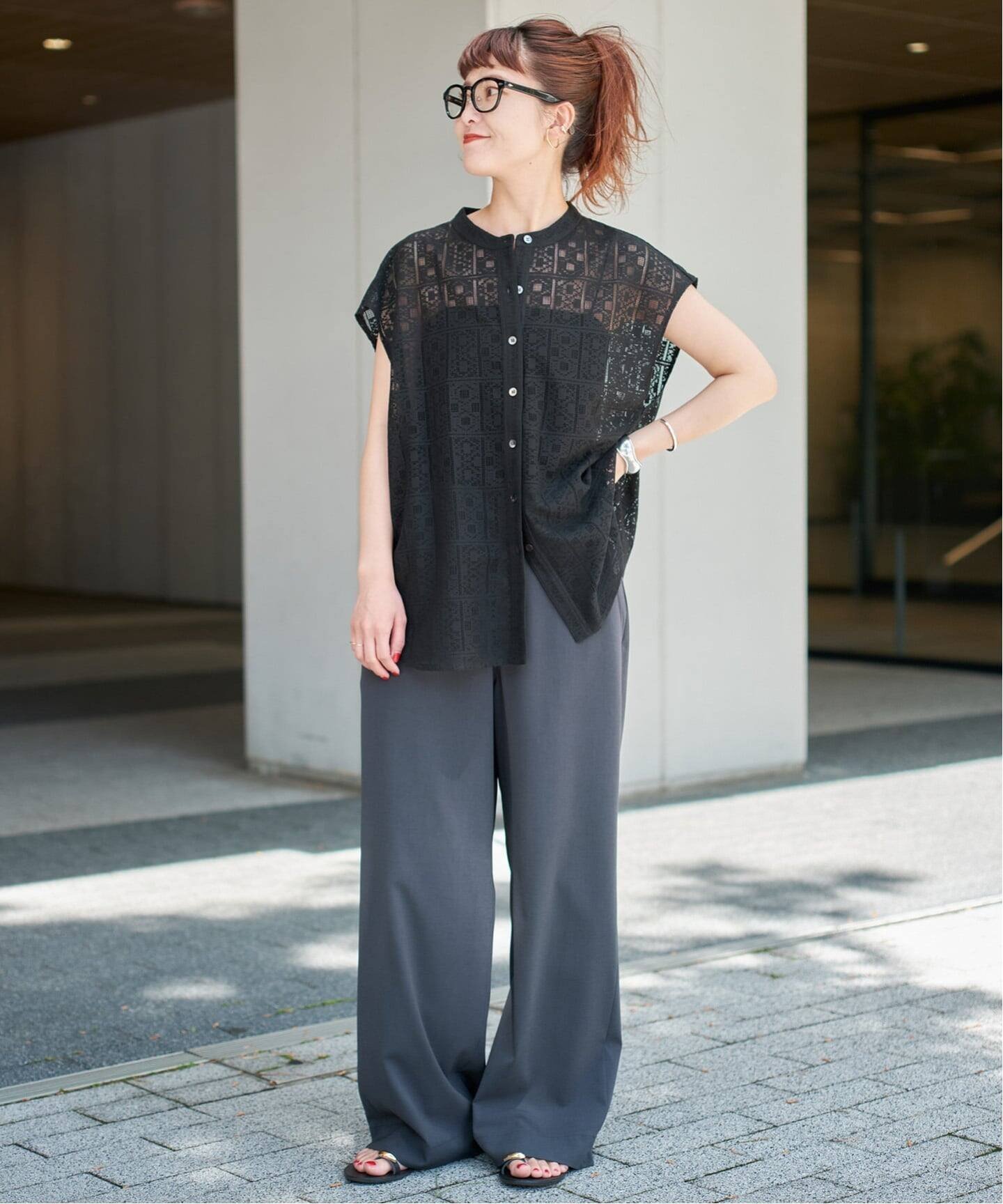 Spick & Span 《追加》PEレースフレンチスリーブシャツ スピックアンドスパン トップス シャツ・ブラウス ブラック ホワイト