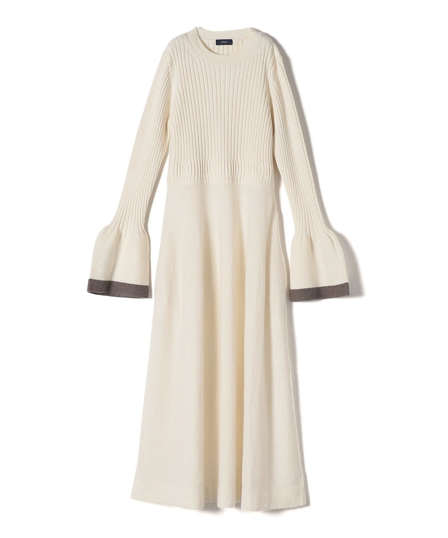 【SALE／70%OFF】SHIPS WOMEN ＜手洗い可能＞フレア 袖 ライン デザイン ニット ワンピース ◇ シップス ワンピース・ドレス ワンピース グレー ホワイト【送料無料】