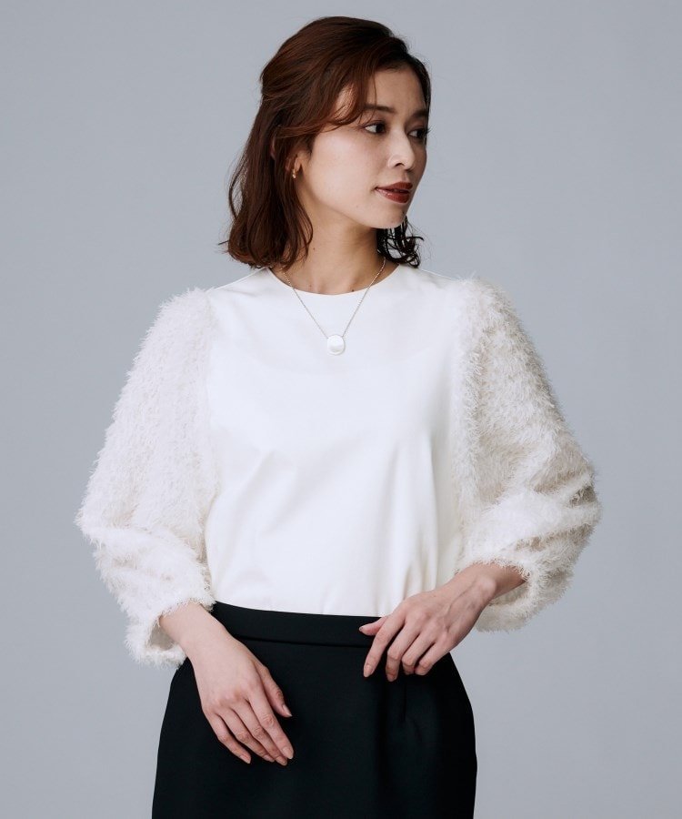 【SALE／37%OFF】UNTITLED 【丸首/Tシャツ風/短丈】シャギースリーブ ポンチカットソー アンタイトル トップス カットソー・Tシャツ ホワイト ブラック【送料無料】