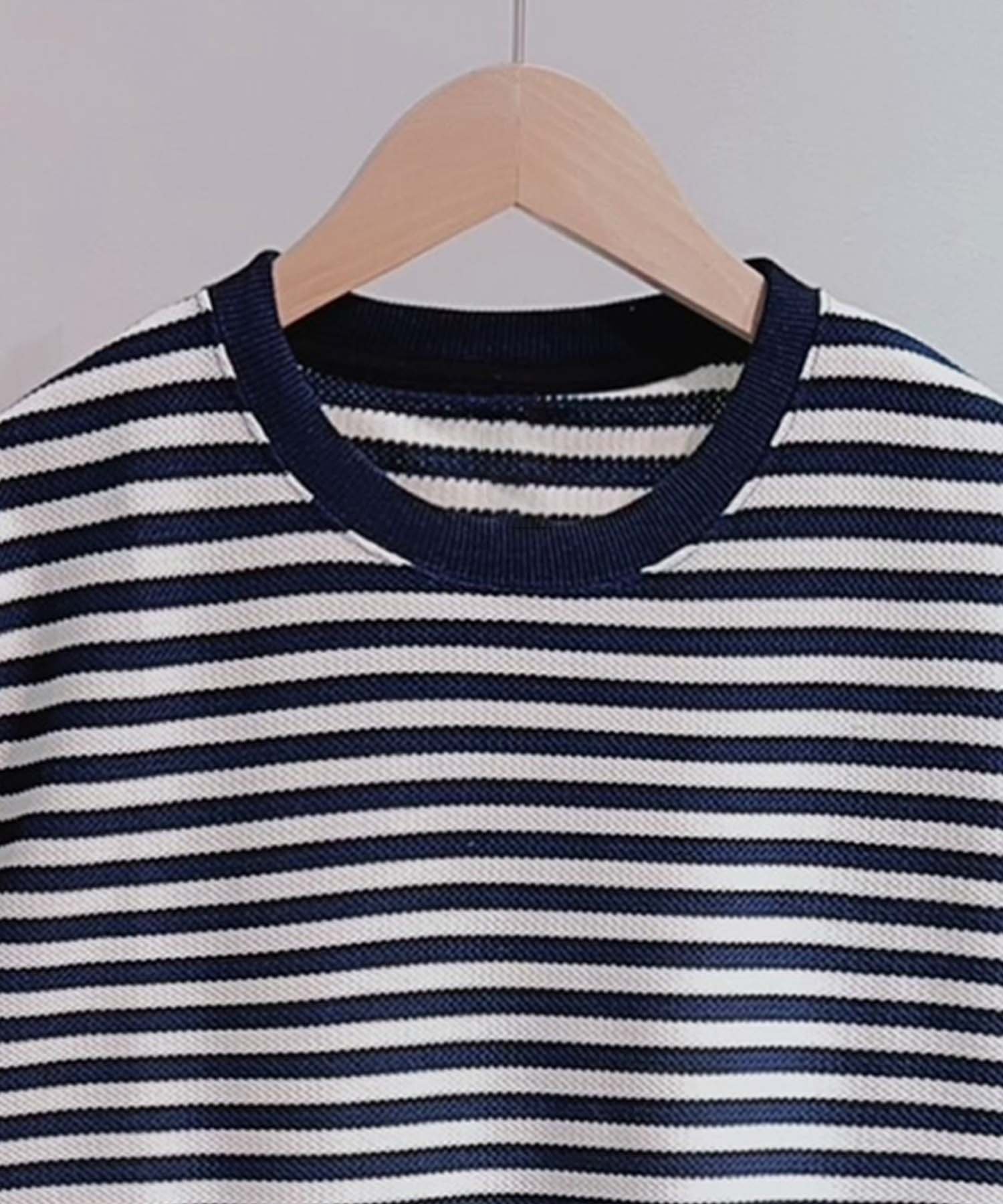 aomoha MEN ボーダークルーネックTシャツ アイモハ トップス カットソー・Tシャツ グレー ブルー