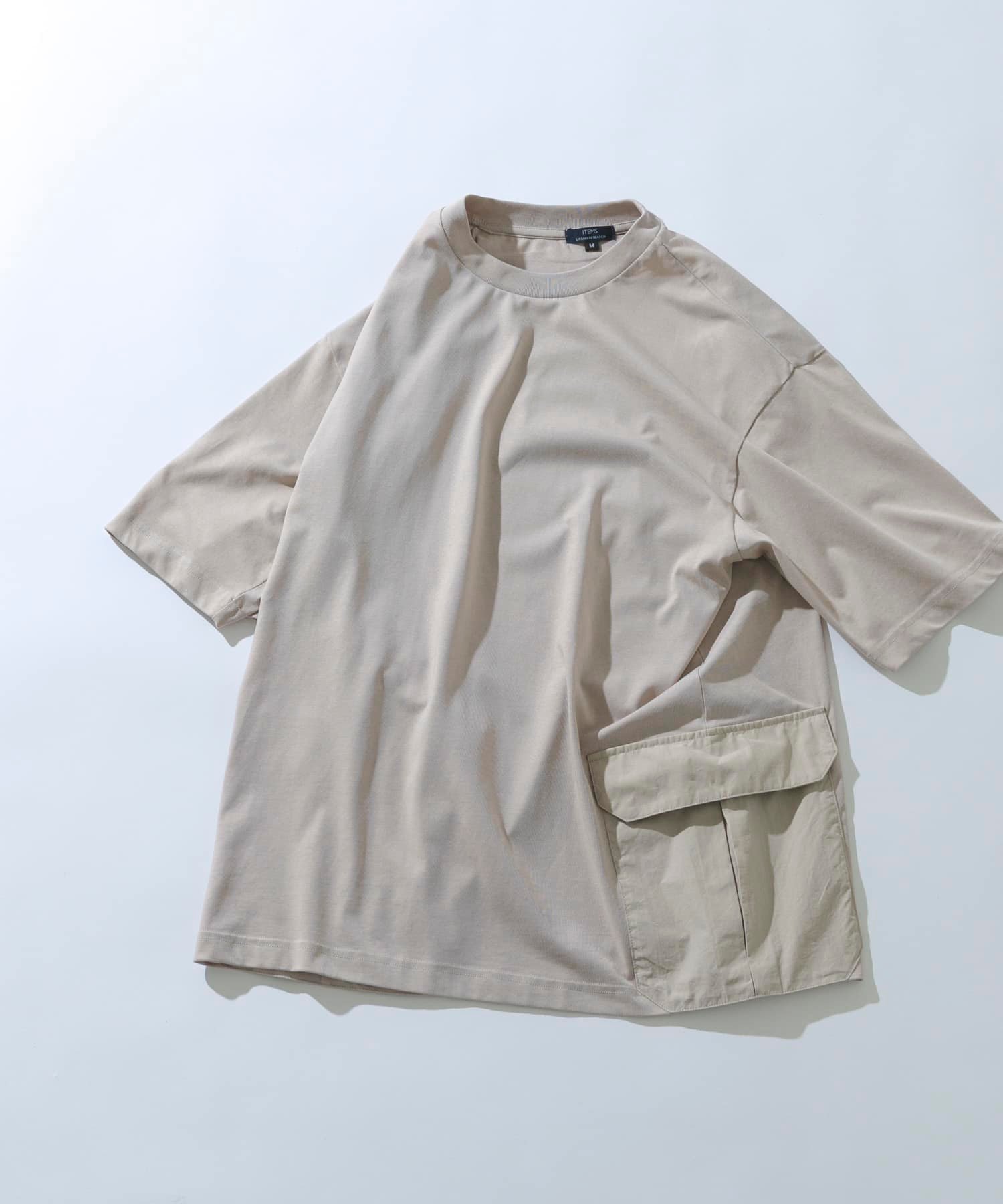 ITEMS サイドポケットキリカエクルーネックTシャツ アーバンリサーチアイテムズ トップス カットソー・Tシャツ ホワイト ベージュ ピンク ブラック