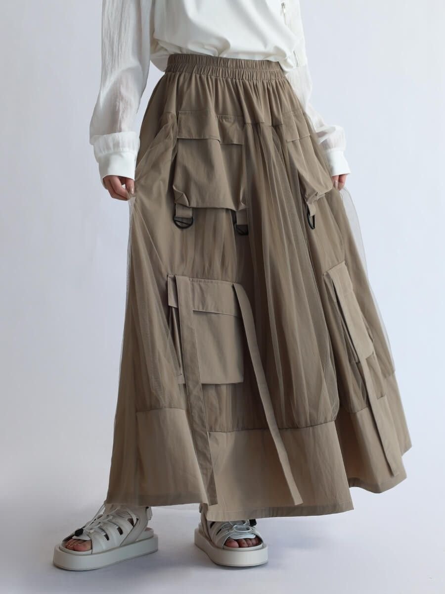 LASUD ポケットデザインチュールスカート ラシュッド スカート ロング・マキシスカート ブラック ベージュ【送料無料】のサムネイル