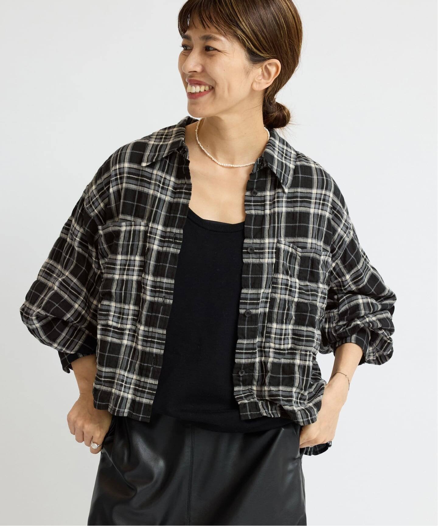 IENA シャーリングチェックショートシャツ イエナ トップス シャツ・ブラウス ベージュ ネイビー ブラック【送料無料】のサムネイル