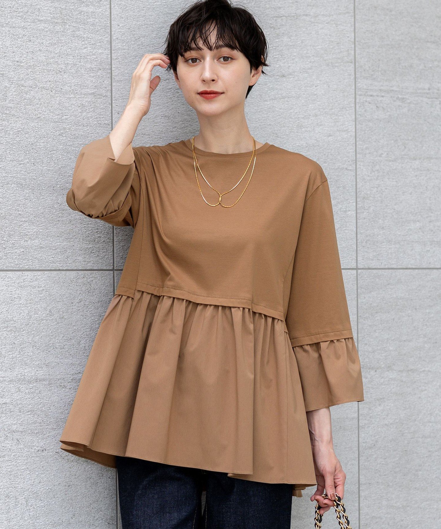 23区 S 【洗える】シルキータフタコンビ ペプラム カットソー ニジュウサンク トップス カットソー・Tシャツ ブラック ブラウン ホワイト
