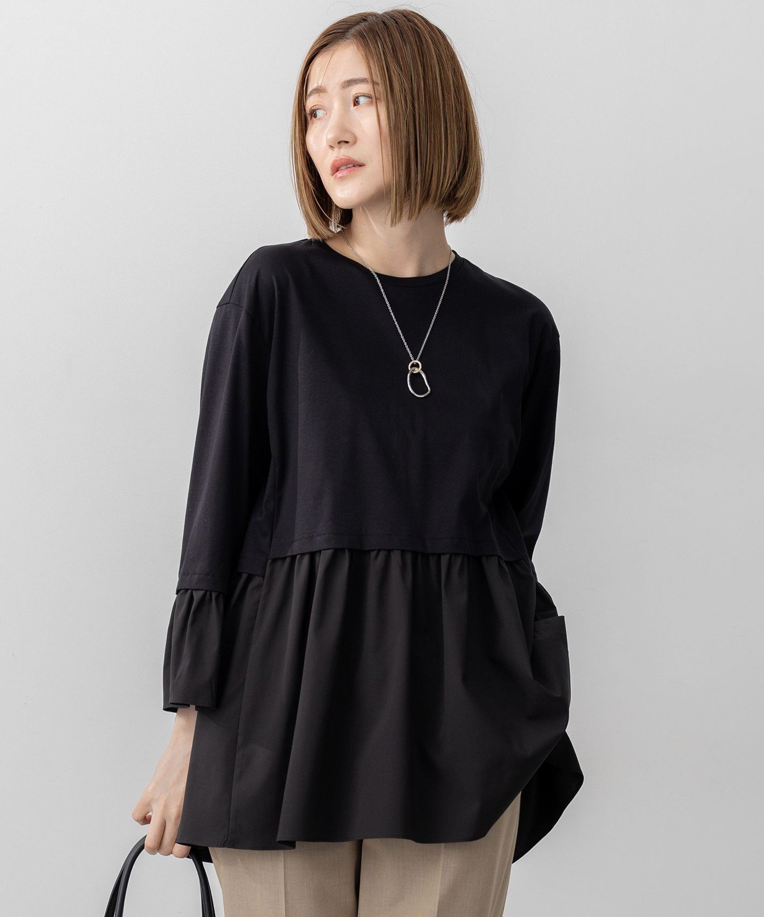 23区 S 【洗える】シルキータフタコンビ ペプラム カットソー ニジュウサンク トップス カットソー・Tシャツ ブラック ブラウン ホワイト