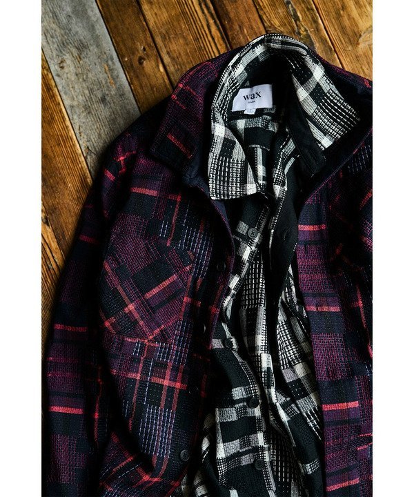 MEN'S BIGI 【Wax London/ワックスロンドン】Whiting バスケット織チェック柄シャツジャケット メンズ ビギ ジャケット・アウター ブルゾン・ジャンパー ブラック ネイビー【送料無料】