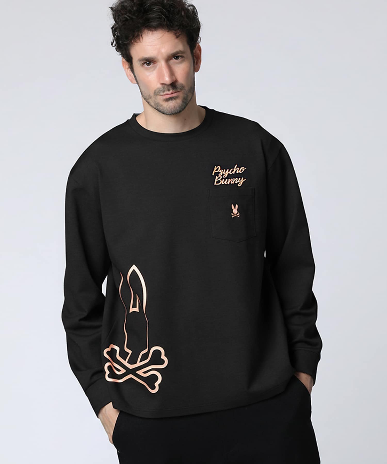 Psycho Bunny アウトラインBUNNYロゴ ロングスリーブTシャツ サイコバニー トップス カットソー・Tシャツ ブラック ホワイト【送料無料】