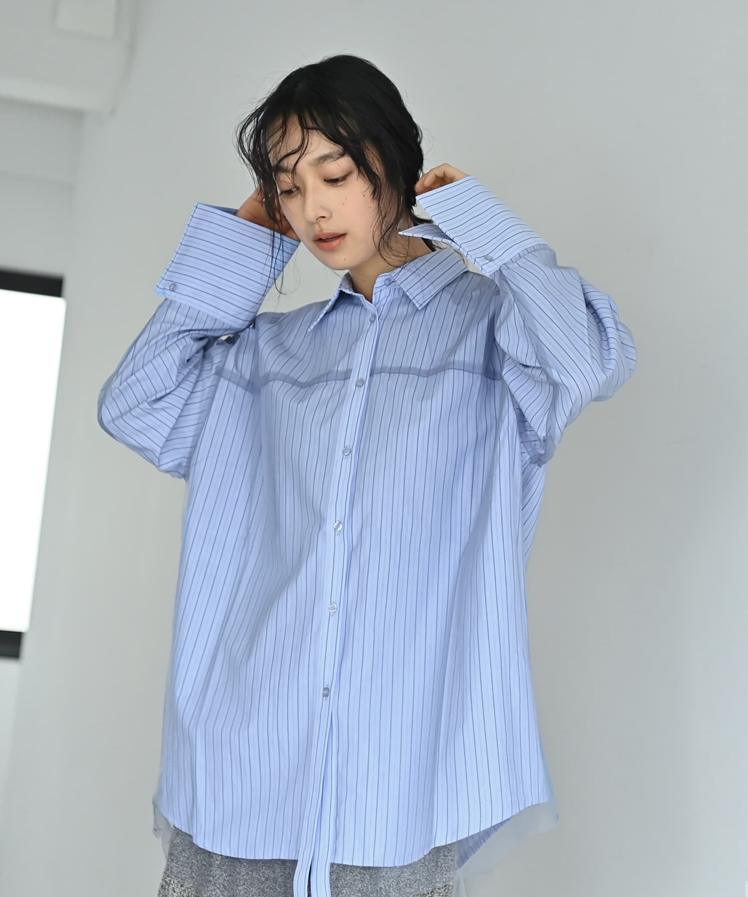 STYLE DELI 【BLK001】ブロード&ストライプチュールかぶせシャツ スタイルデリ トップス シャツ・ブラウス ブルー【送料無料】