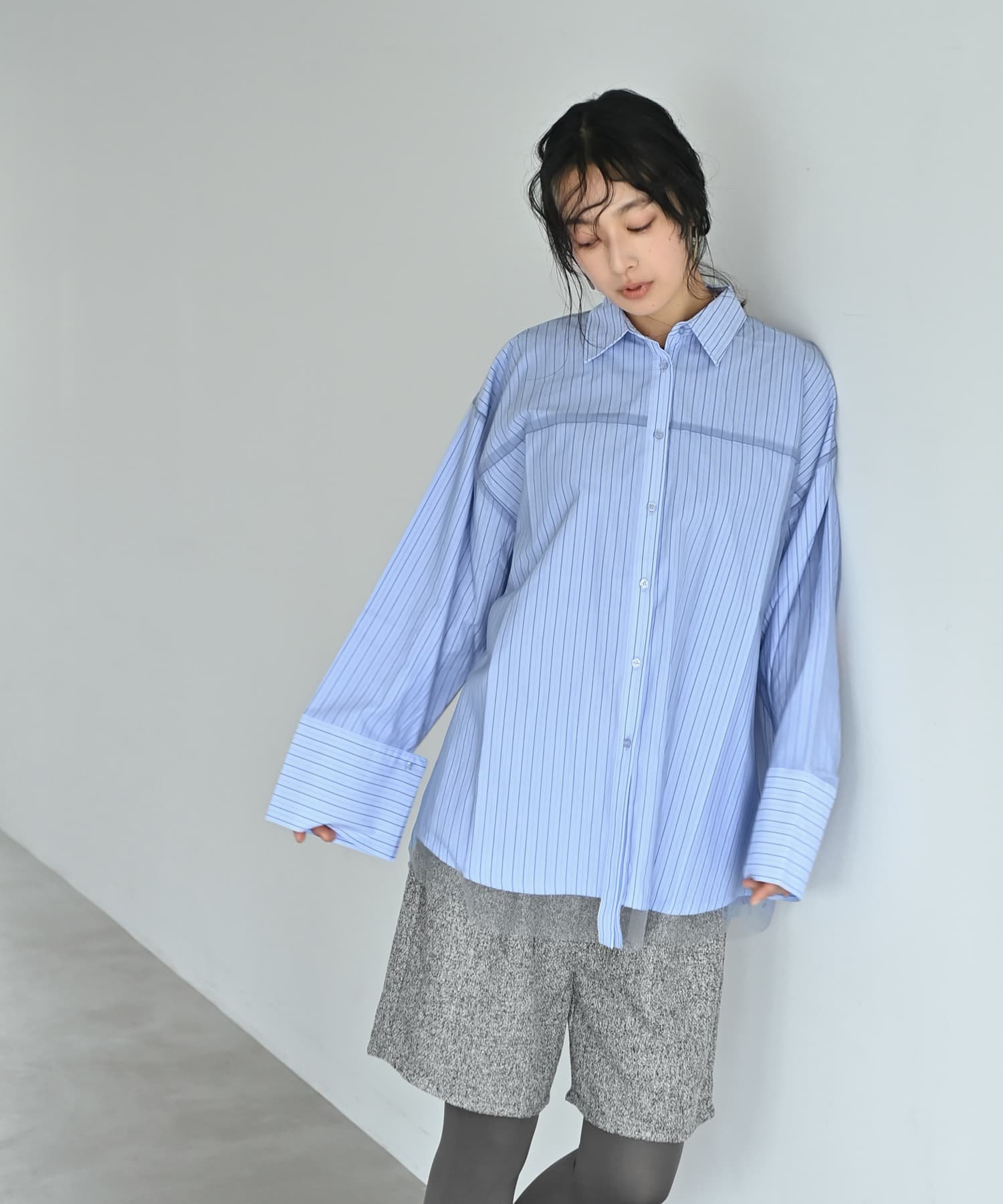 STYLE DELI 【BLK001】ブロード&ストライプチュールかぶせシャツ スタイルデリ トップス シャツ・ブラウス ブルー【送料無料】