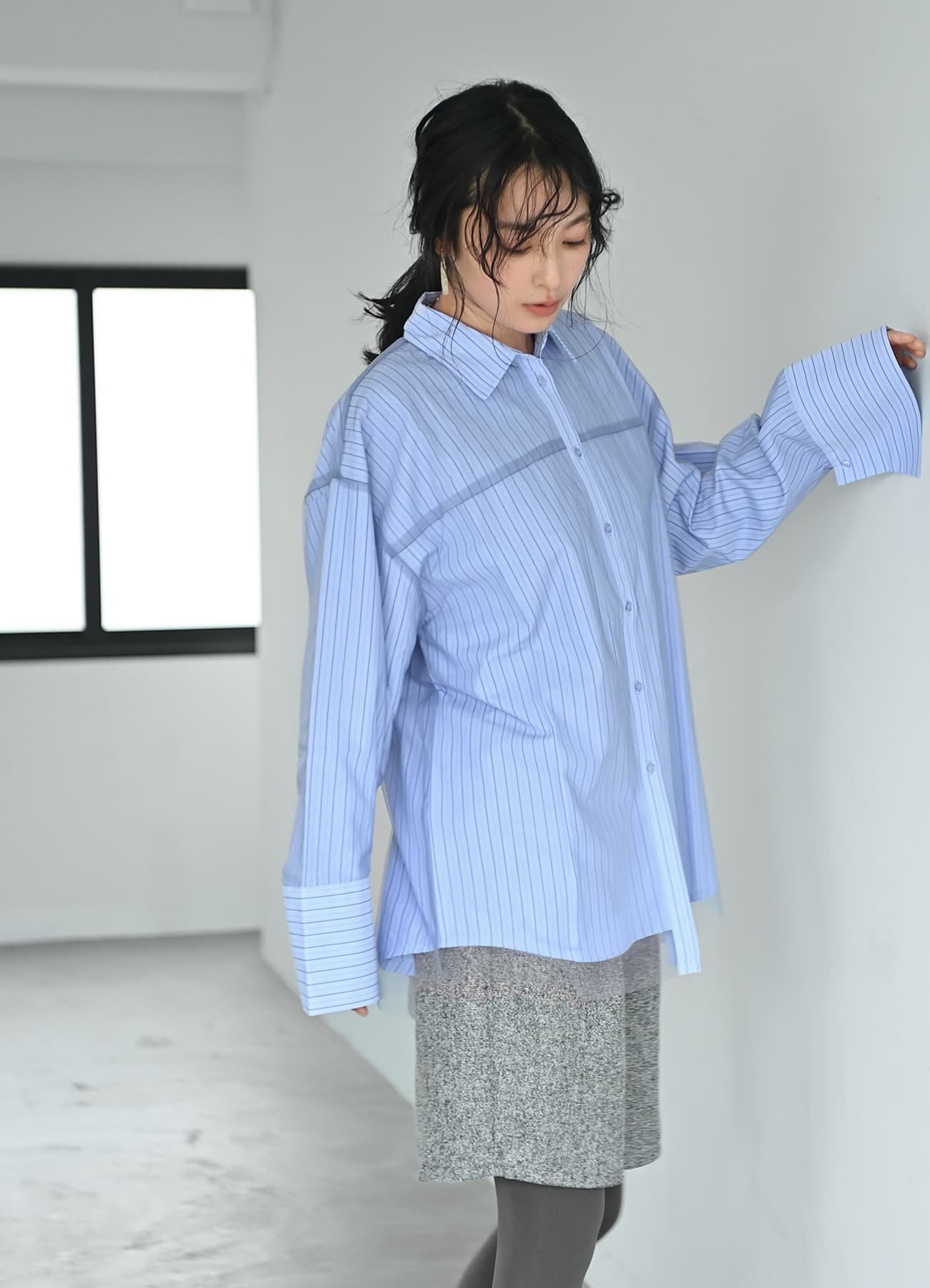 STYLE DELI 【BLK001】ブロード&ストライプチュールかぶせシャツ スタイルデリ トップス シャツ・ブラウス ブルー【送料無料】