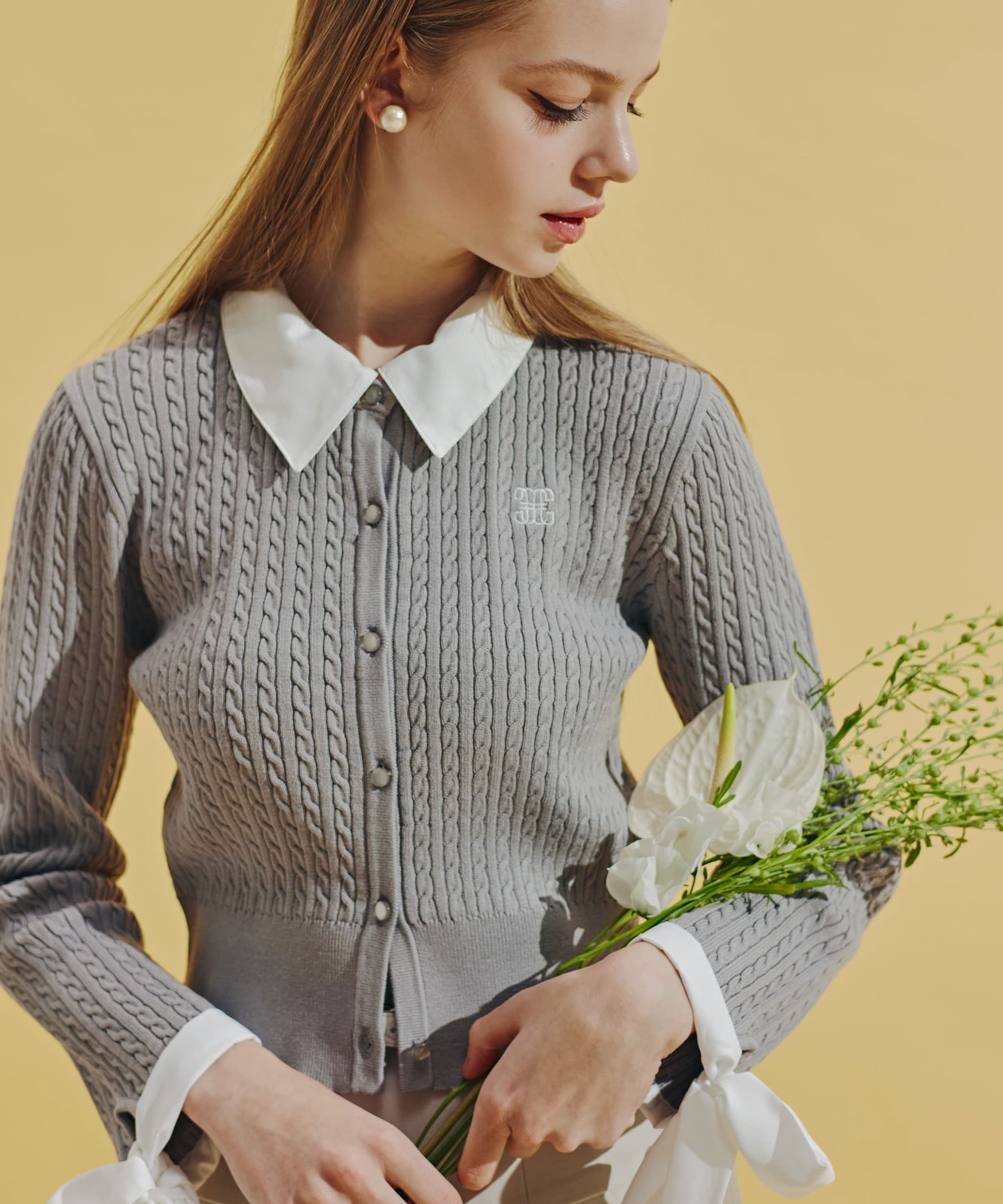 JILL by JILL STUART 袖リボンケーブルカーディガン ジル バイ ジル スチュアート トップス ニット グレー ホワイト ネイビー【送料無料】