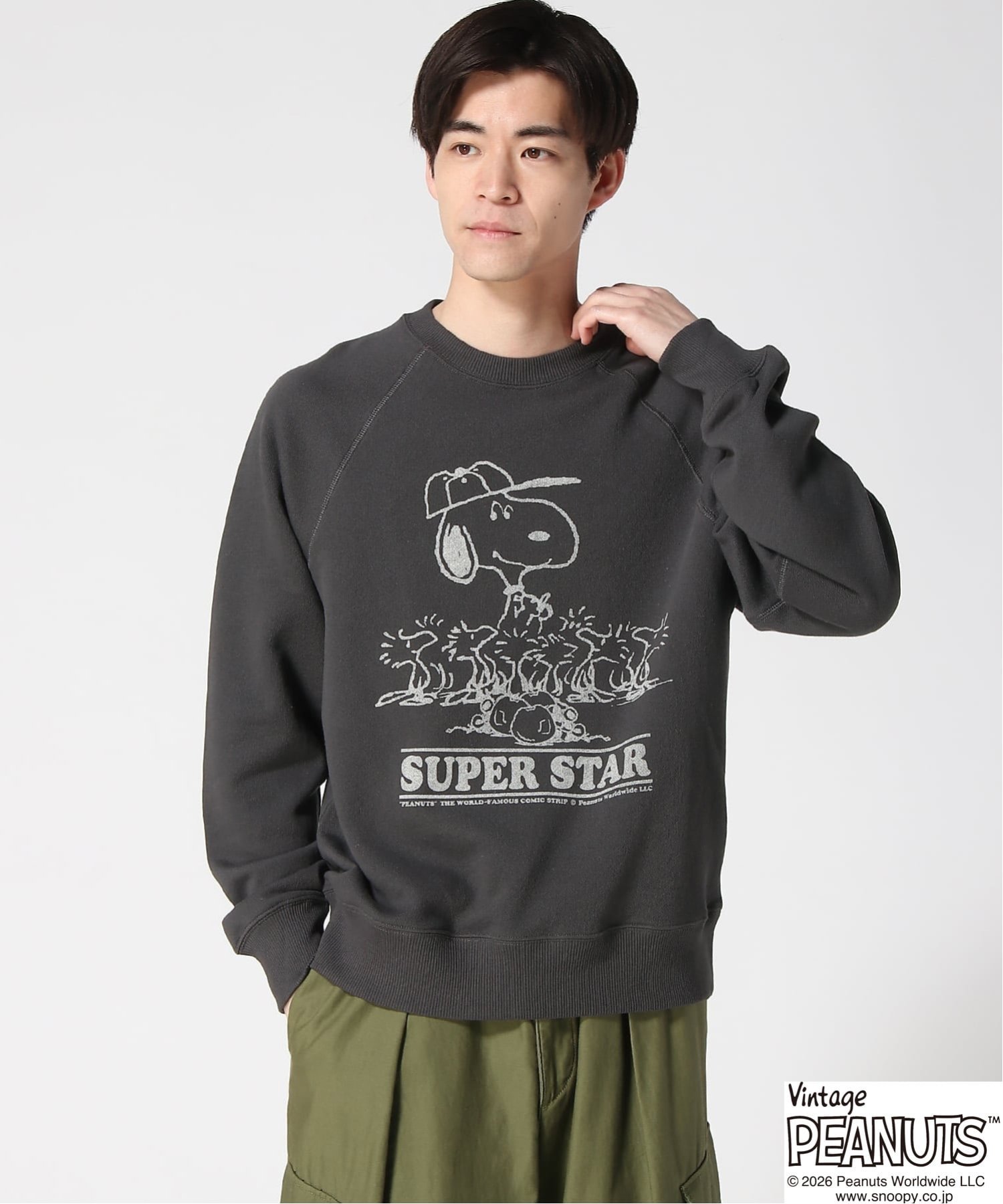 FRUIT OF THE LOOM FRUIT OF THE LOOM/(M)FTL x PEANUTS甘編み裏毛スウェット5 ハンドサイン トップス スウェット・トレーナー グレー グリーン【送料無料】