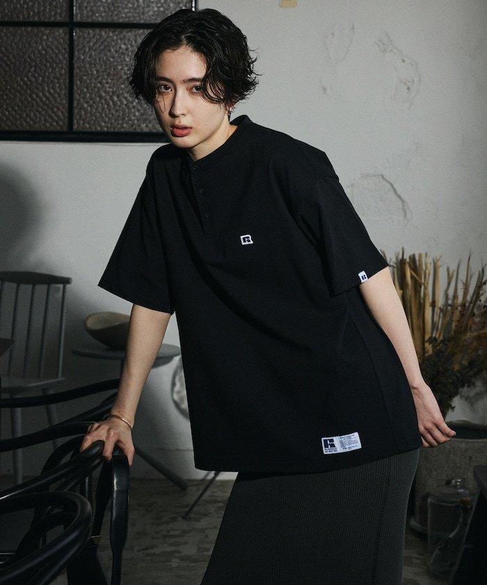 Russell Athletic RUSSEL ATHLETIC×FREAK'S STORE 別注 ビッグシルエット ワンポイントロゴ ヘンリーネック Tシャツ 【限定展開】 フリークスストア トップス カットソー・Tシャツ ネイビー ブラック ホワイト グレー【送料無料】