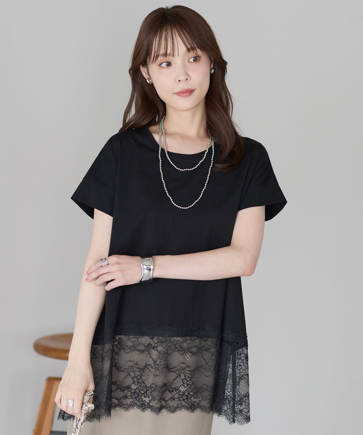 PREFERIR 裾レースフレンチカットソープルオーバー プレフェリール トップス カットソー・Tシャツ ホワイト ブラック