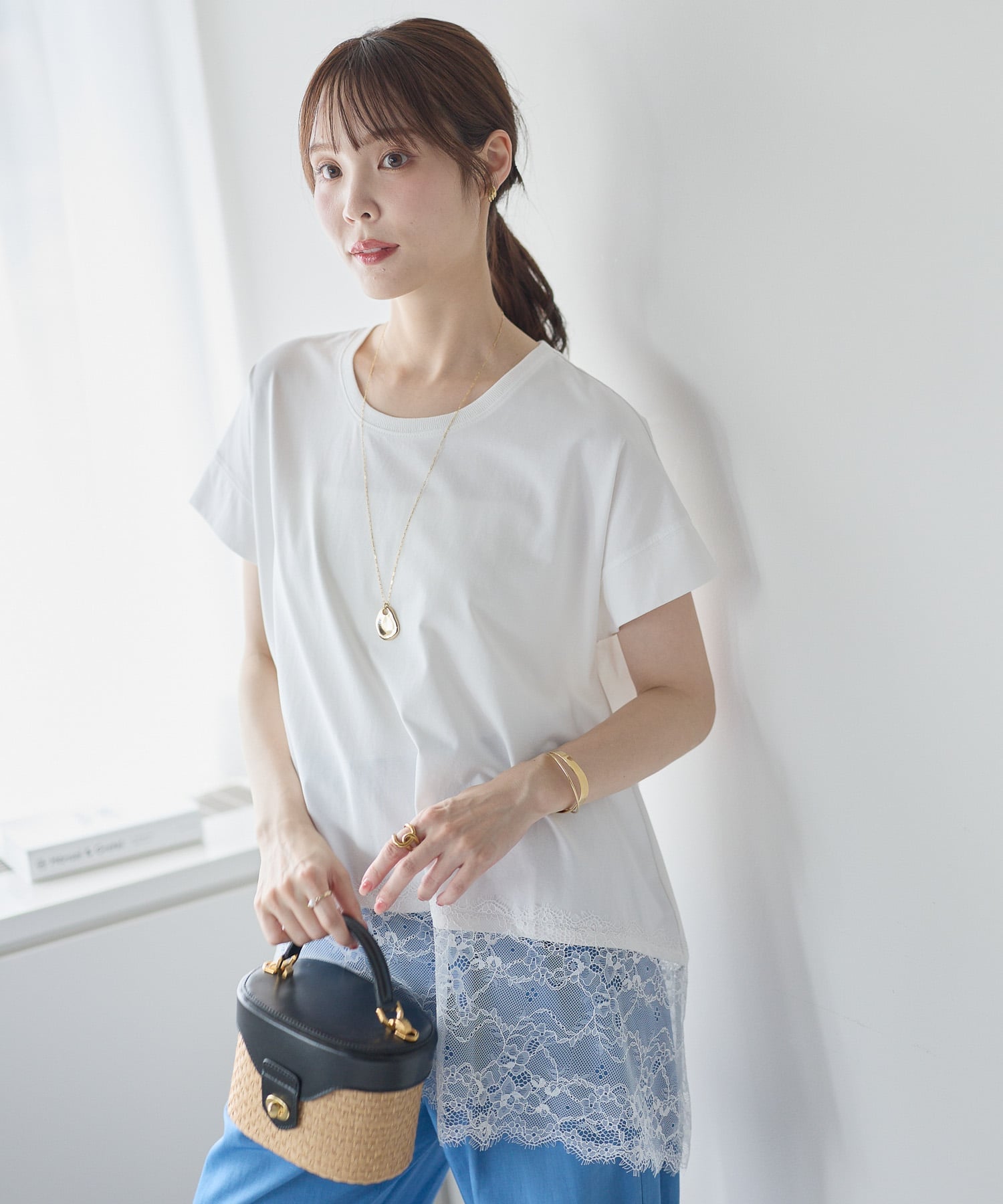 PREFERIR 裾レースフレンチカットソープルオーバー プレフェリール トップス カットソー・Tシャツ ホワイト ブラック