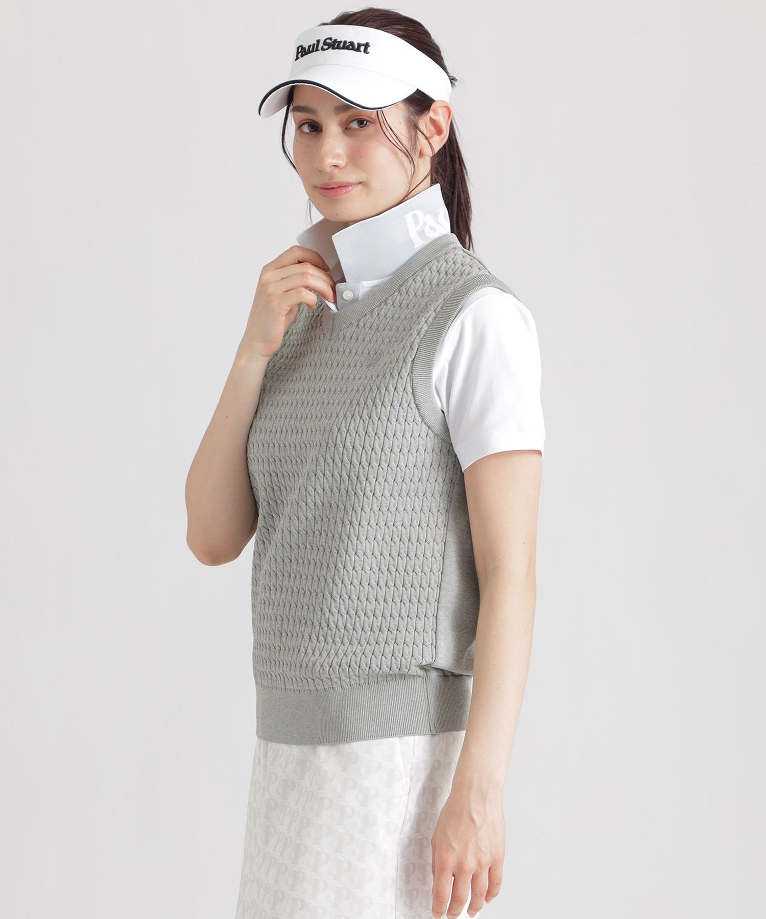 Paul Stuart 【GOLF Women's】ケーブルニットベスト ポール・スチュアート トップス ニット ネイビー グレー【送料無料】