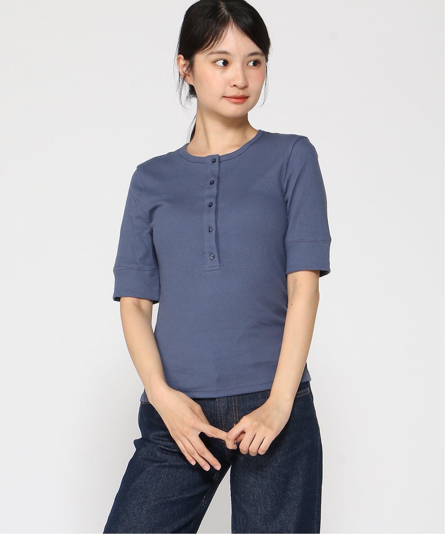 (W)リブ ヘンリートップス ギャップ トップス カットソー・Tシャツ ブラック ホワイト ブルー