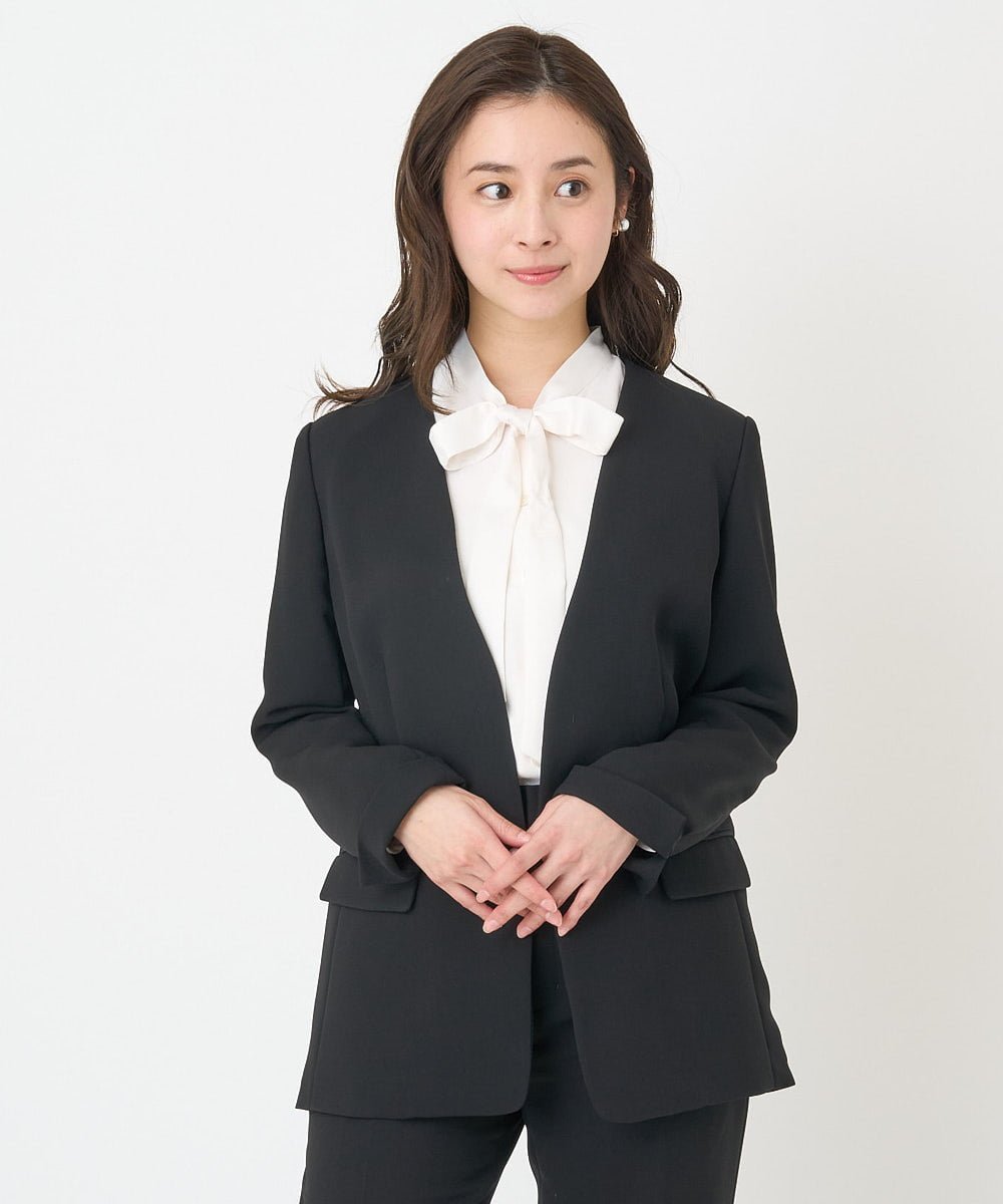 MICHEL KLEIN（小さいサイズ） [小さいサイズ]ジョーゼットノーカラージャケット(セットアップ対応) メゾンドゥサンク ジャケット・アウター ノーカラージャケット ブラック ホワイト