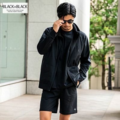 CavariA 綿タッチポリエステル4点セット(ZIPパーカー・TEE・ショーツ・レギパン) シルバーバレット パンツ ジャージ・スウェットパンツ ブラック
