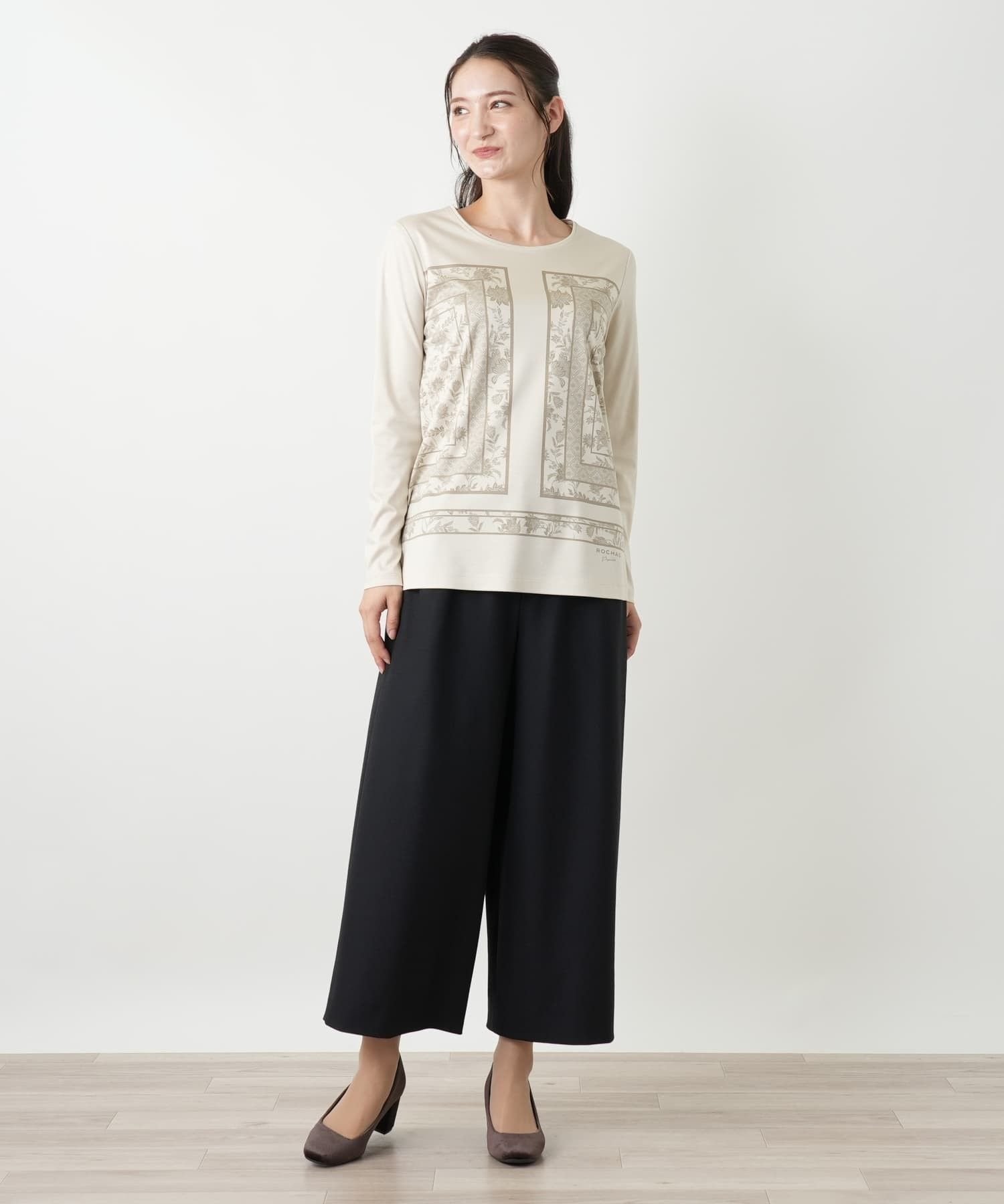 Leilian プリントクルーネックカットソー【ROCHAS Premiere】 レリアン トップス カットソー・Tシャツ ブルー ベージュ