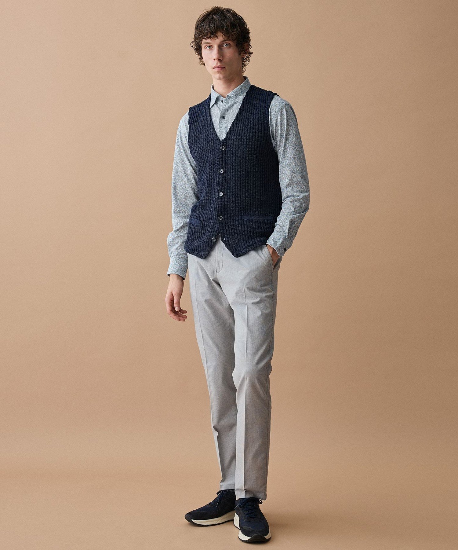 JOSEPH ABBOUD 【キングサイズ・エコ素材和紙使用・日本素材】和紙杢メッシュ ニットジレ ジョセフアブード トップス ベスト・ジレ ネイビー【送料無料】