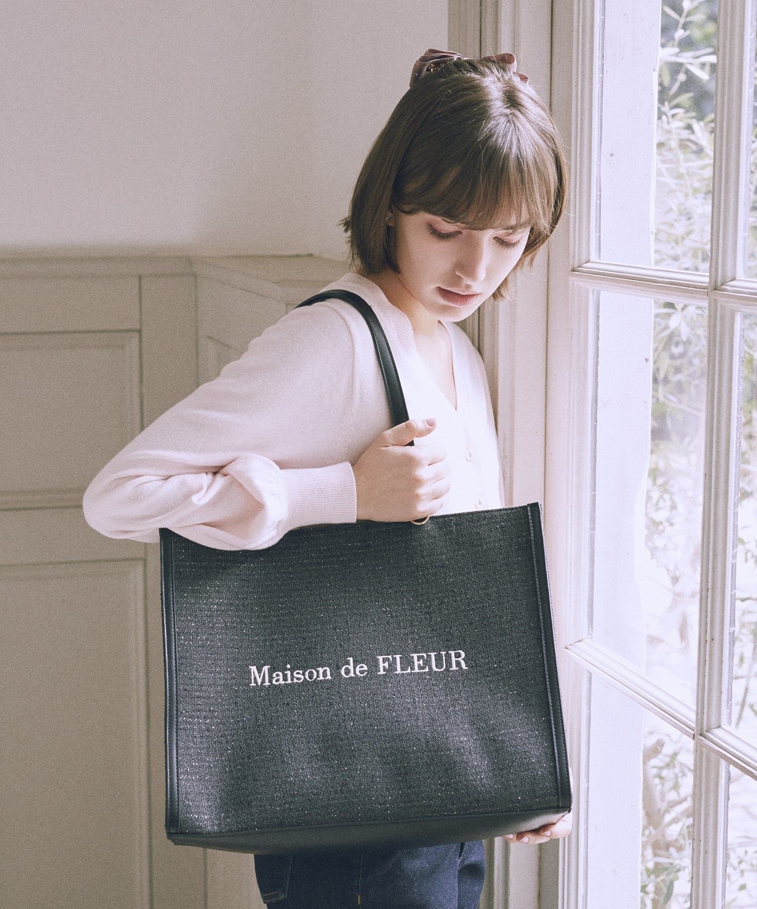 Maison de FLEUR 【キャリーオン/A4対応】ツイードキャリーオントートバッグ メゾン ド フルール バッグ ハンドバッグ ブラック ピンク【送料無料】